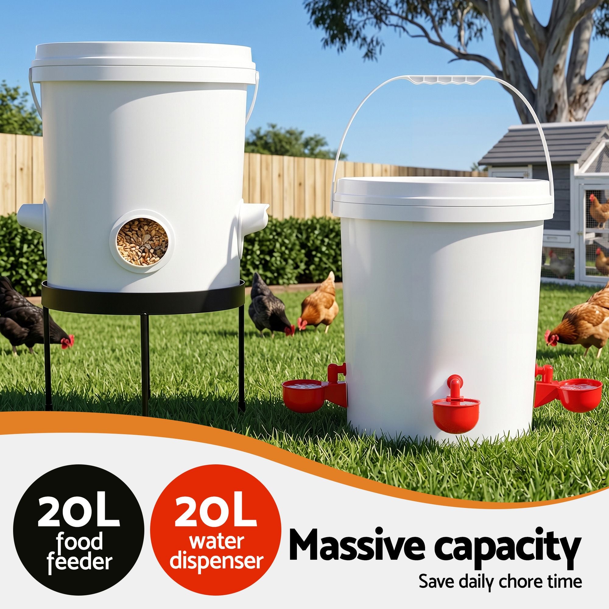 Giantz 20L X2 Chicken Feeder Waterer Set Automatic Poultry Dispenser Metal Stand