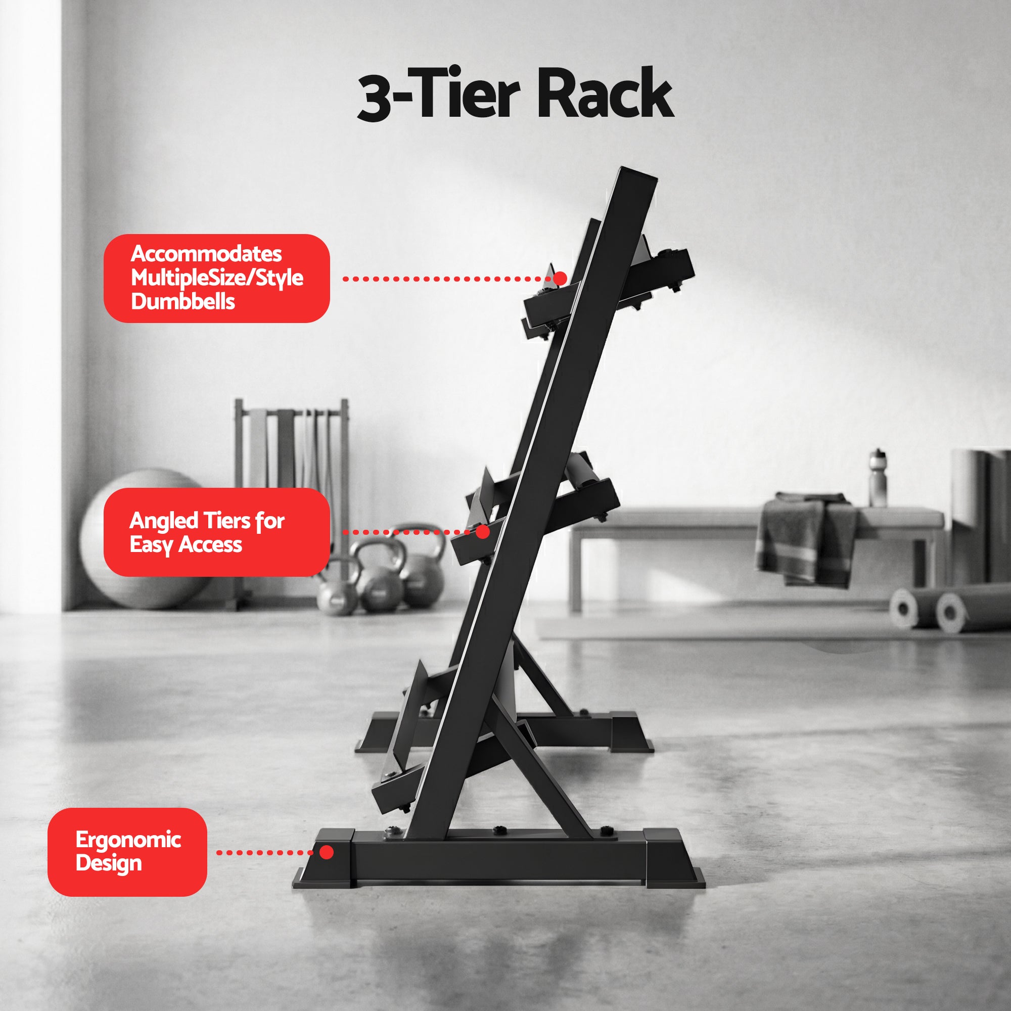 Everfit Dumbbell Rack 3-Tier Heavy Duty Weight Storage for Home Gym 300kg Capacity Black FIT-I-RACK-3L