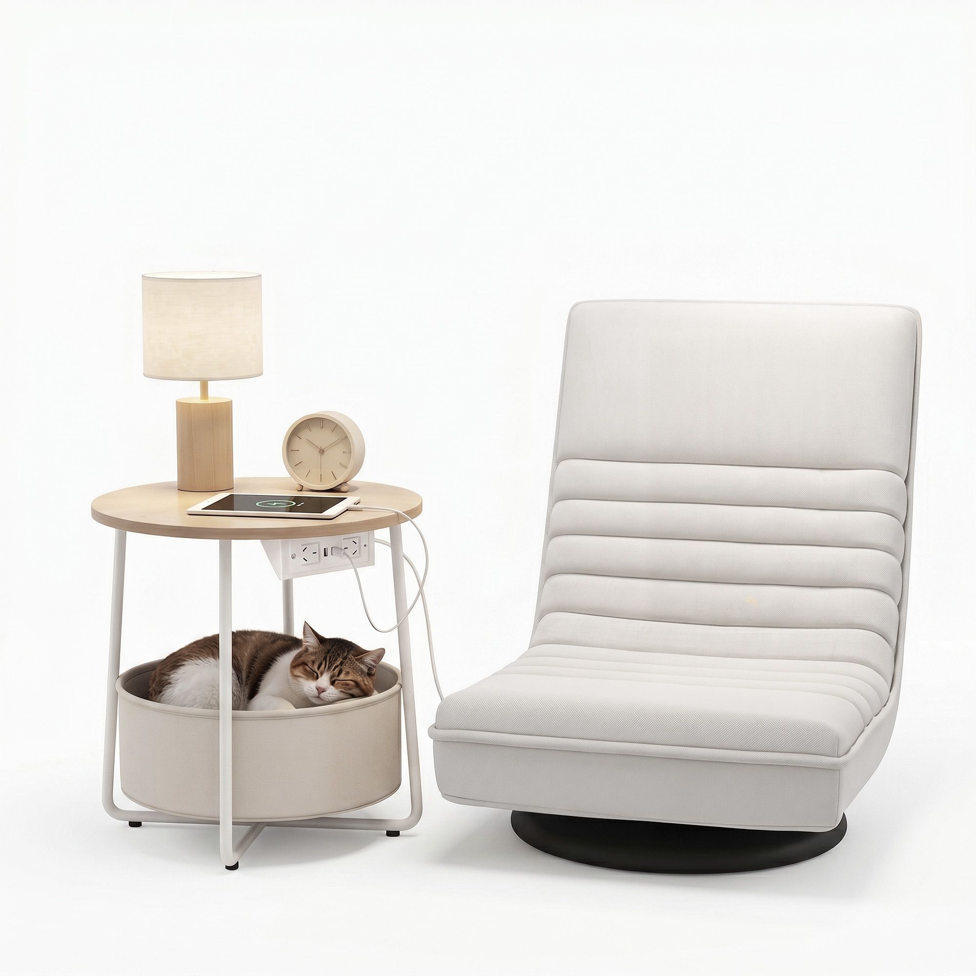 Artiss Floor Lounge & Round Coffee Table Side End Table with Charging Station Set FLOOR-03LIN-V-COF03