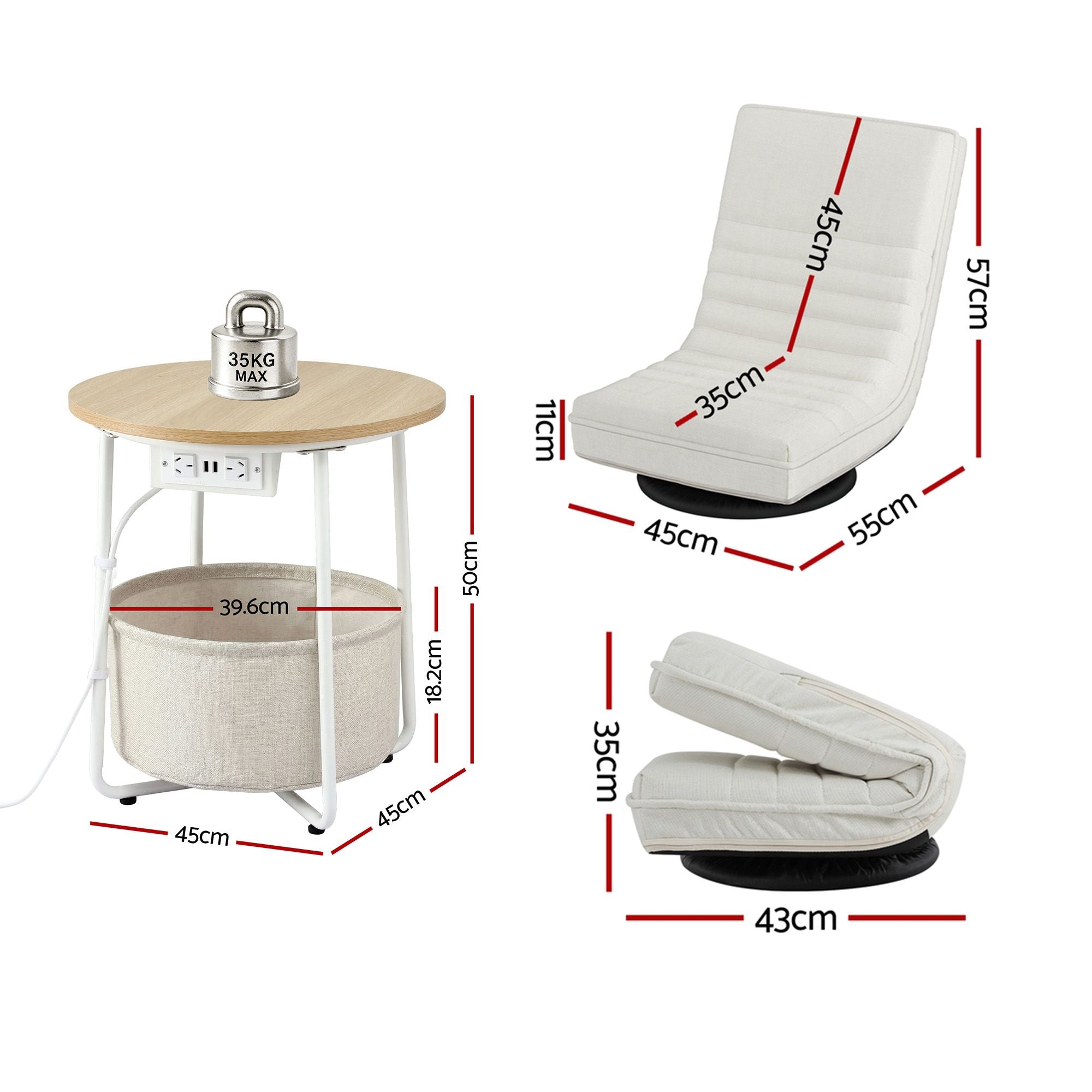 Artiss Floor Lounge & Round Coffee Table Side End Table with Charging Station Set FLOOR-03LIN-V-COF03