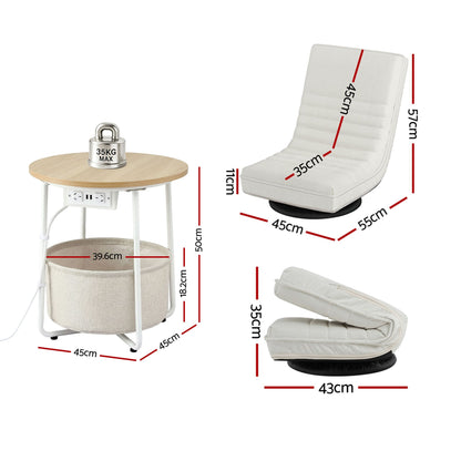Artiss Floor Lounge & Round Coffee Table Side End Table with Charging Station Set FLOOR-03LIN-V-COF03