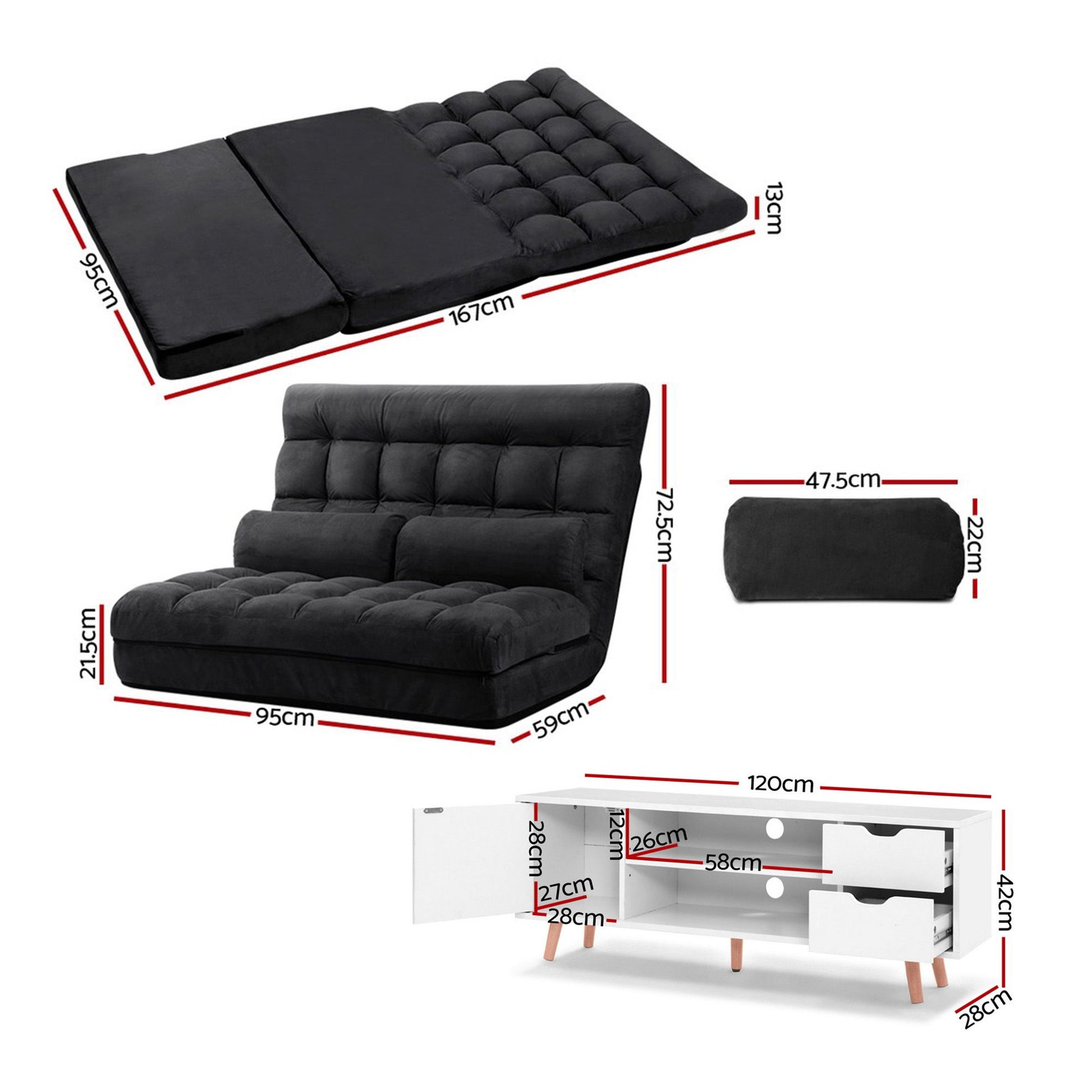 Artiss Sofa Bed Adjustable Floor Chair & TV Unit 120cm Entertainment Cabinet Set FLOOR-170SUE-E-TV01
