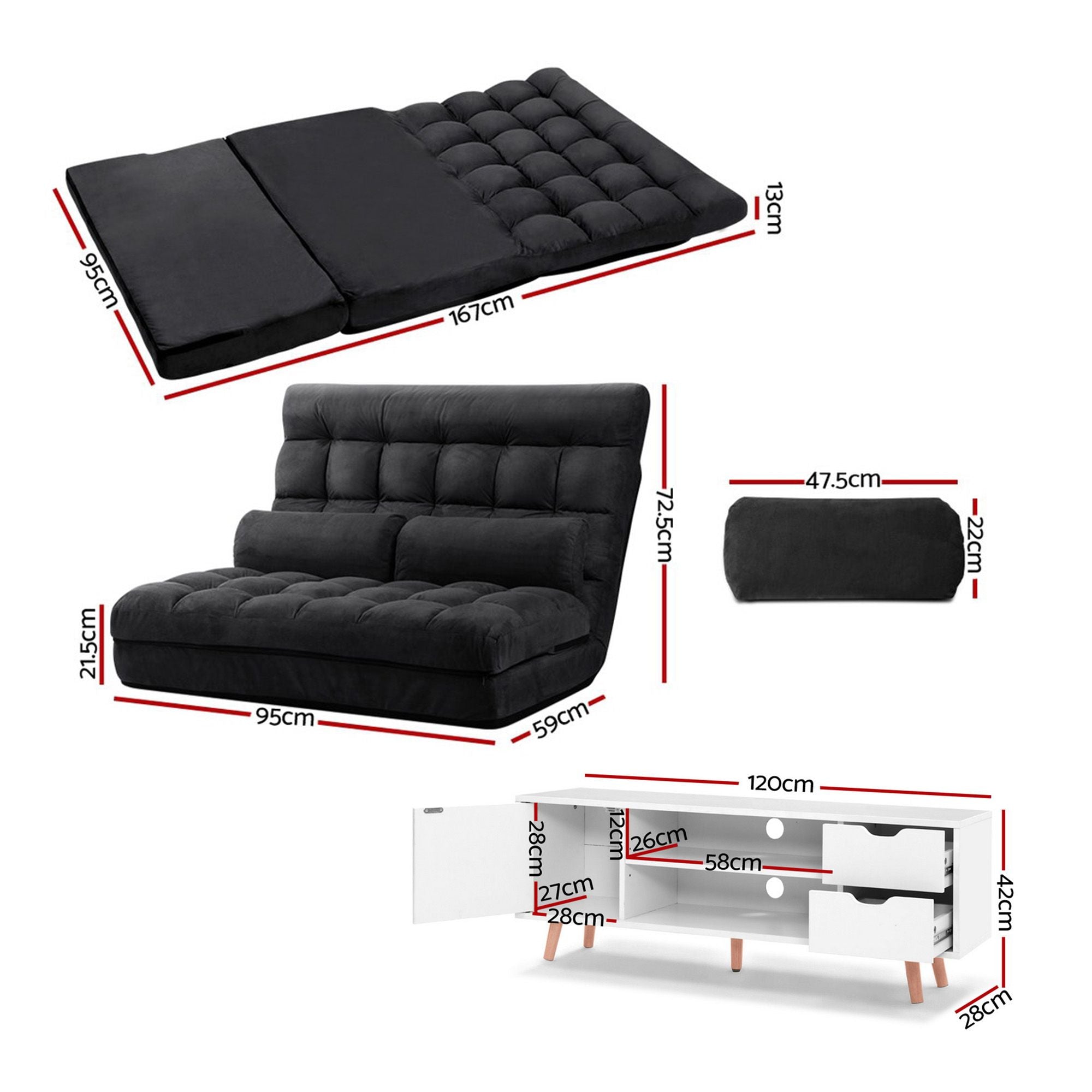 Artiss Sofa Bed Adjustable Floor Chair & TV Unit 120cm Entertainment Cabinet Set FLOOR-170SUE-E-TV01