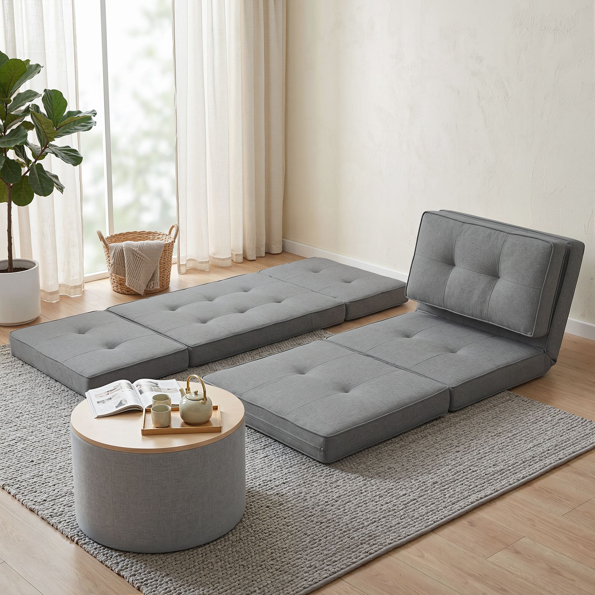 Artiss Recliner Adjustable Floor Chaise Lounge & Ottoman Foot Rest Grey Set FLOOR-19LIN-OTM-02-L60