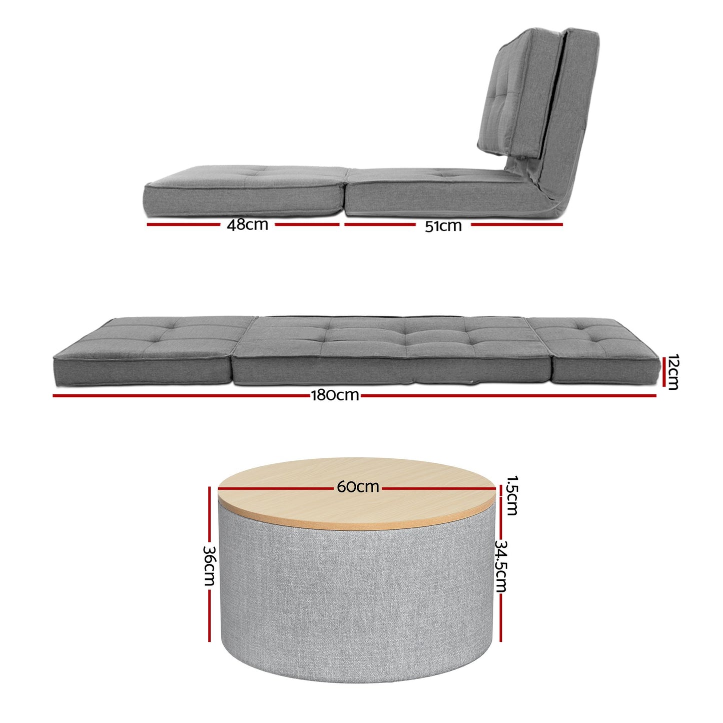 Artiss Recliner Adjustable Floor Chaise Lounge & Ottoman Foot Rest Grey Set FLOOR-19LIN-OTM-02-L60