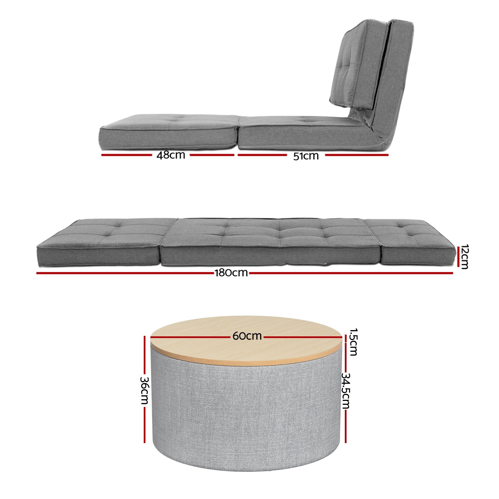 Artiss Recliner Adjustable Floor Chaise Lounge & Ottoman Foot Rest Grey Set FLOOR-19LIN-OTM-02-L60