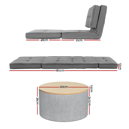 Artiss Recliner Adjustable Floor Chaise Lounge & Ottoman Foot Rest Grey Set FLOOR-19LIN-OTM-02-L60