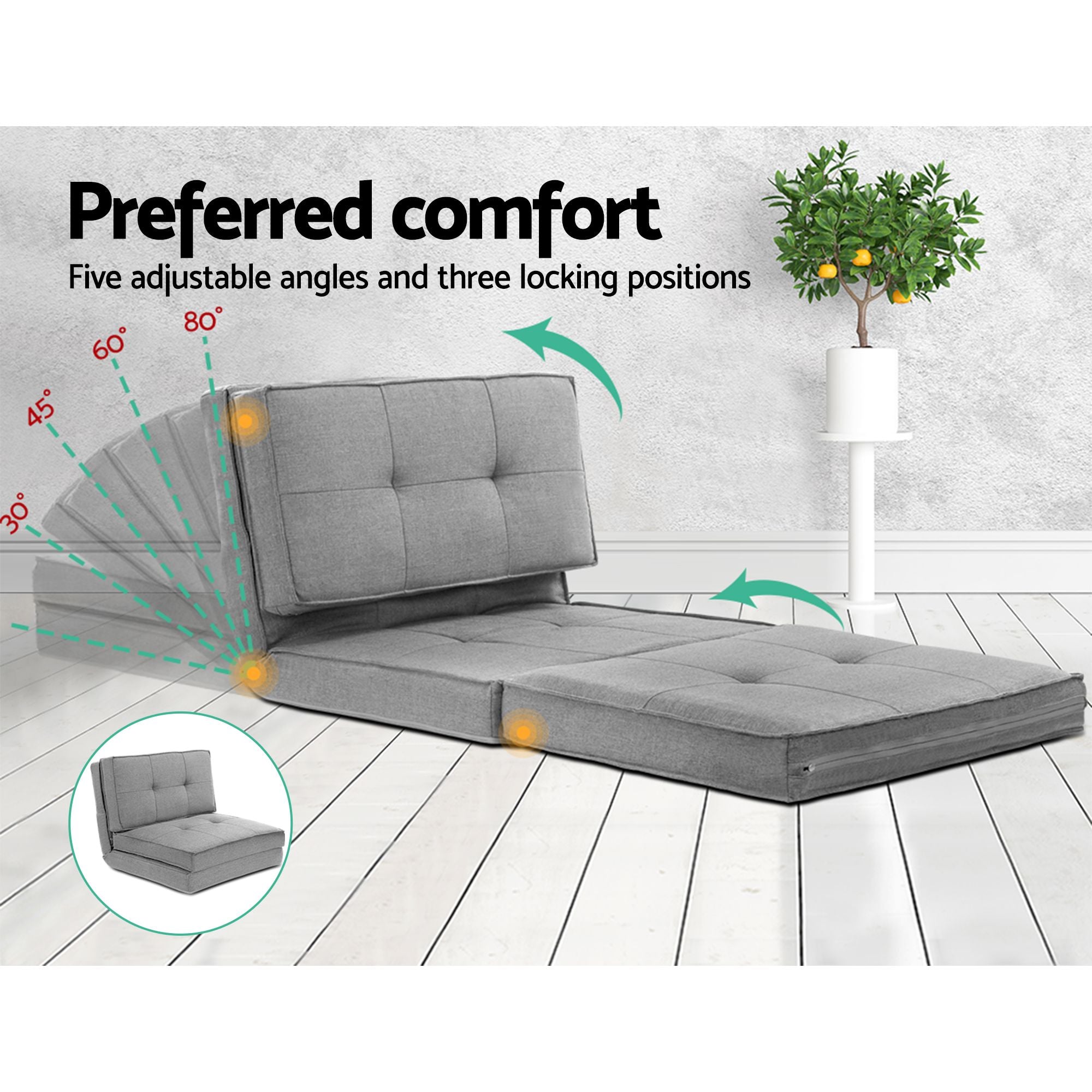 Artiss Recliner Adjustable Floor Chaise Lounge & Ottoman Foot Rest Grey Set FLOOR-19LIN-OTM-02-L60