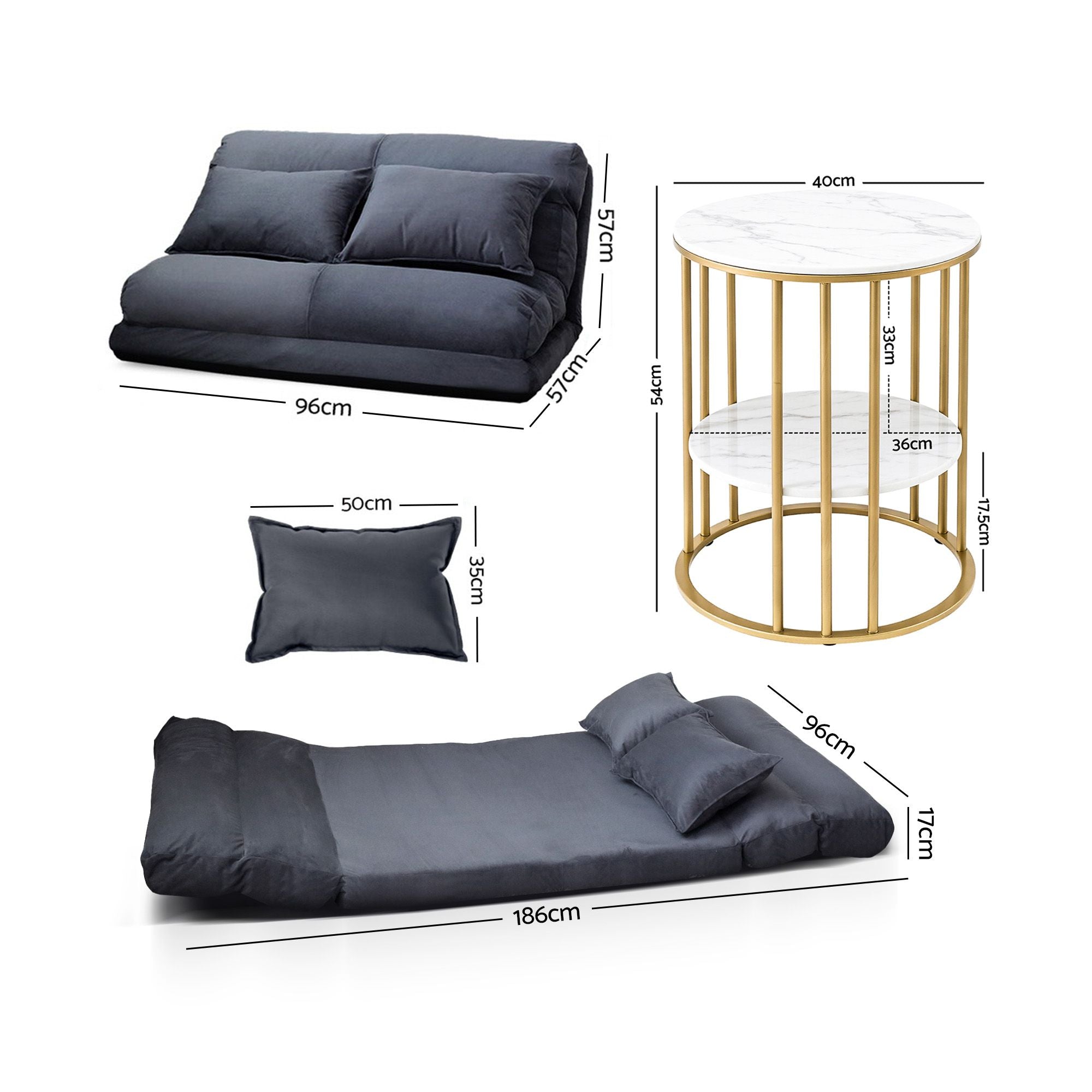 Artiss Floor Lounge Sofa Bed & Coffee Table 2 Tier Marble Effect Side Table Set FLOOR-200SUE-S-COF08