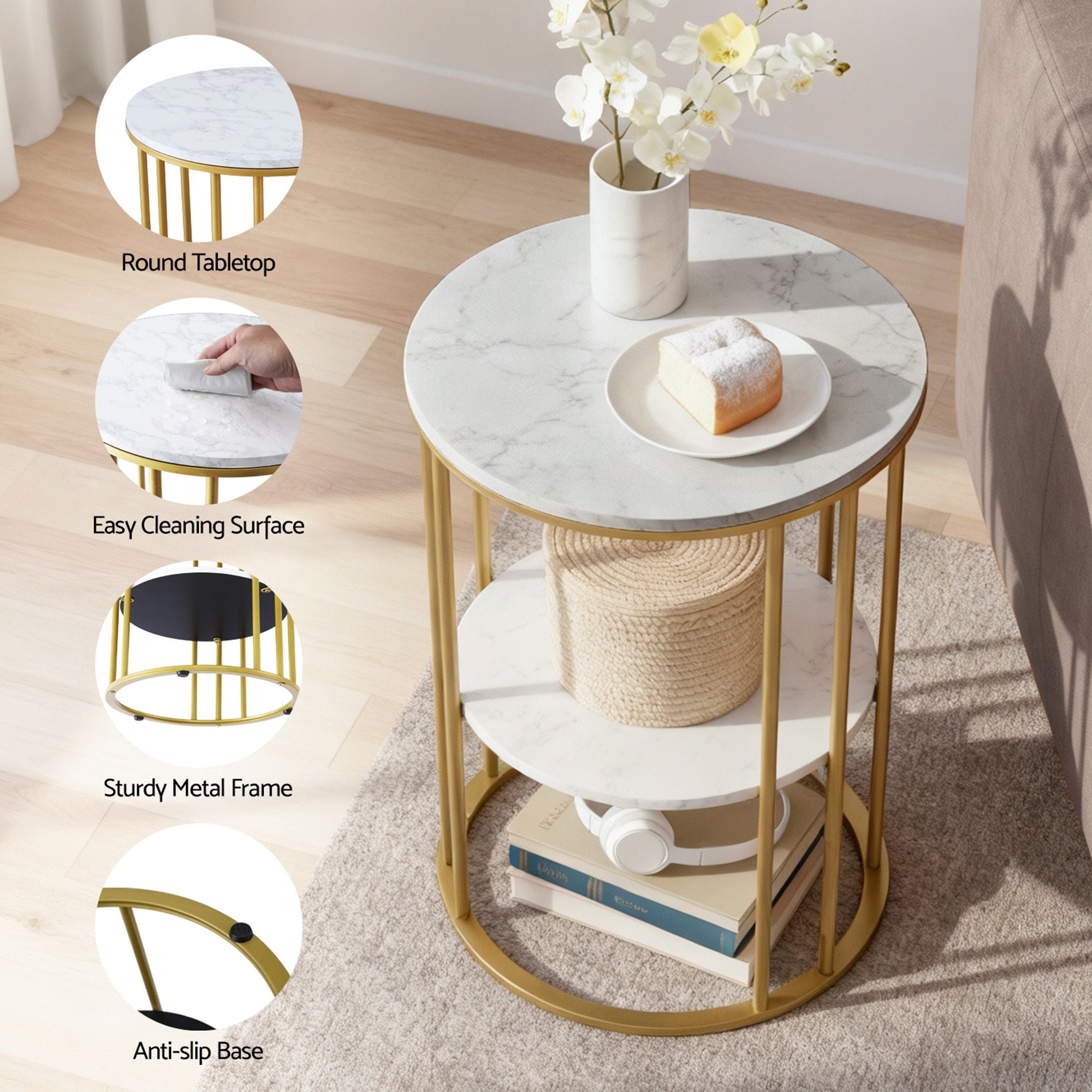 Artiss Floor Lounge Sofa Bed & Coffee Table 2 Tier Marble Effect Side Table Set FLOOR-200SUE-S-COF08