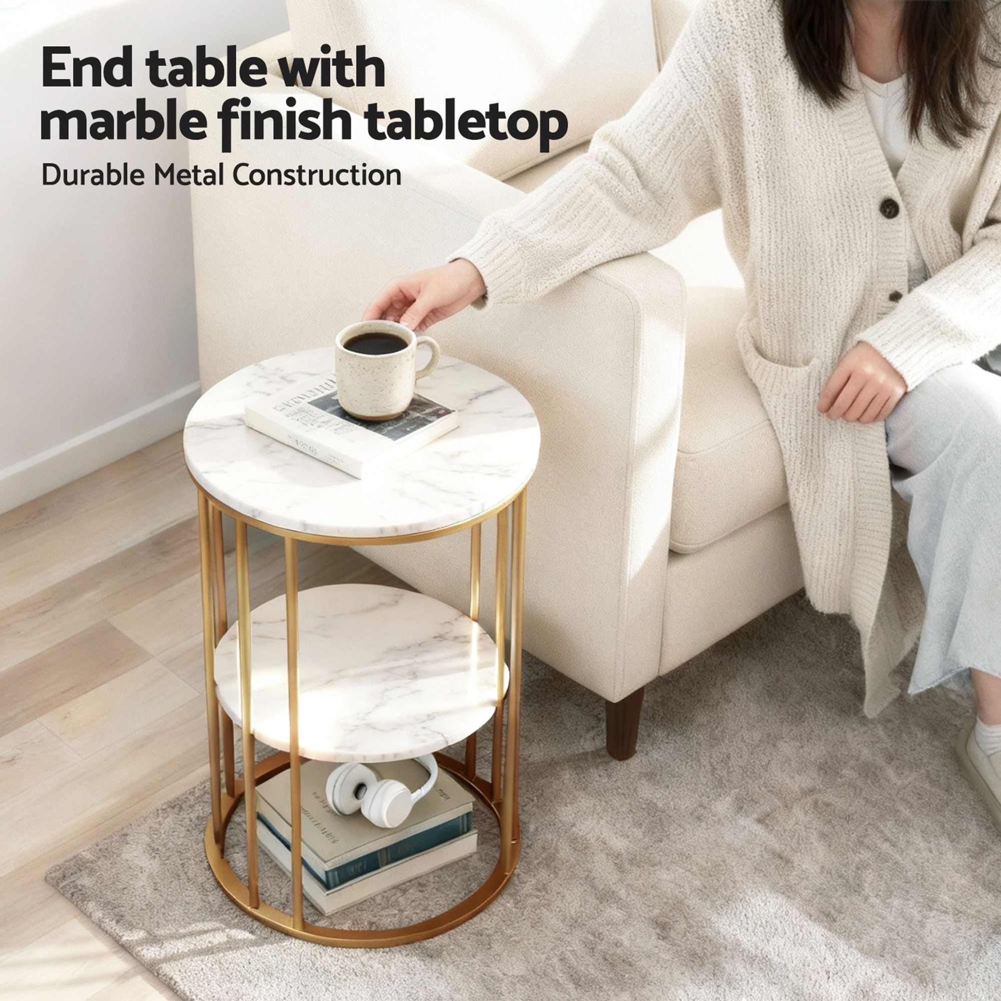 Artiss Floor Lounge Sofa Bed & Coffee Table 2 Tier Marble Effect Side Table Set FLOOR-200SUE-S-COF08