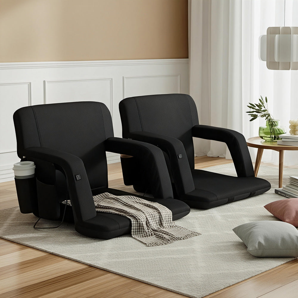 Artiss 2X Floor Lounge Sofa Bed With Armrest Heated Cushion FLOOR-ARM-0600D-BKX2