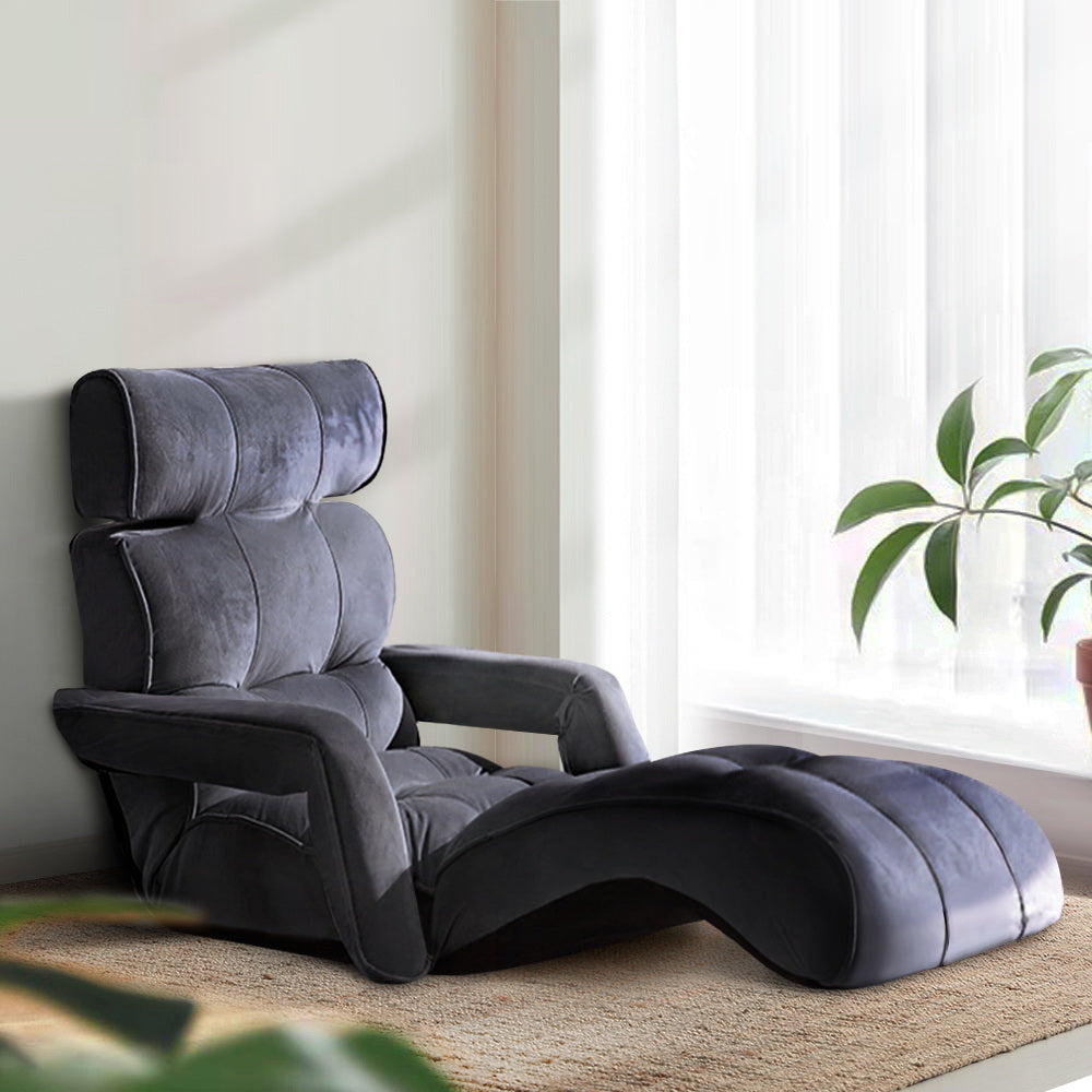 Artiss Floor Lounge Sofa With Armrest Flocking Fabric Charcoal FLOOR-ARM-CHA