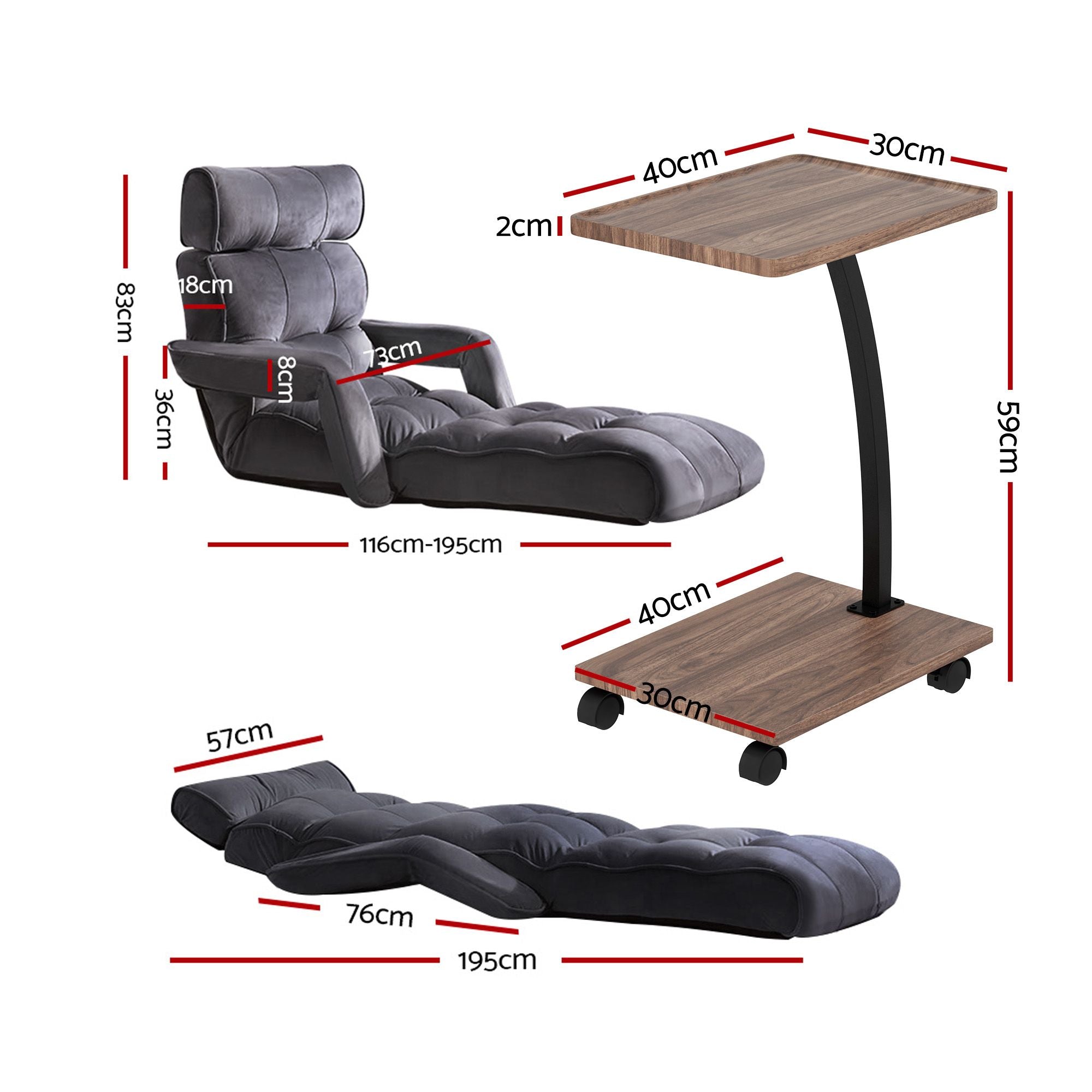 Artiss Floor Lounge & Coffee Table Set, Adjustable Recliner End Table w/ Wheels FLOOR-ARM-S-COF07