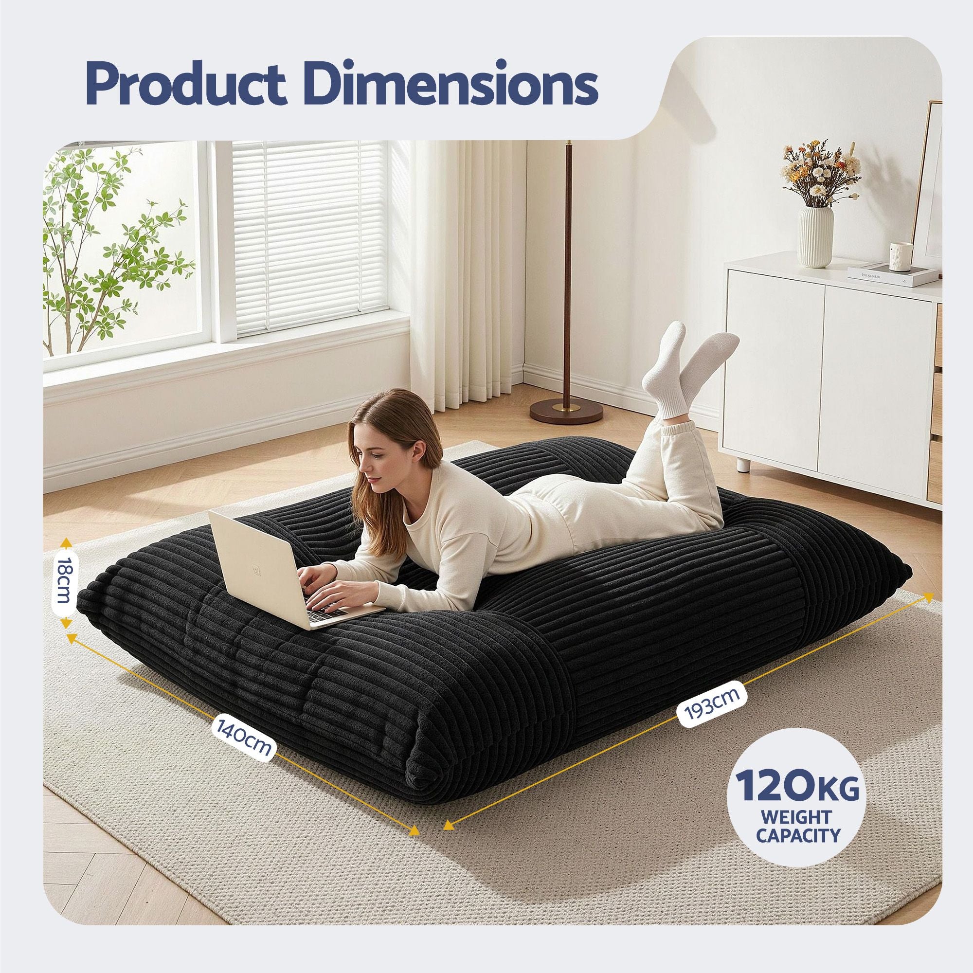 Artiss 3-in-1 Bean Bag Chair for Living Room Convertible Floor Sofa Dark Grey FLOOR-BEAN-3IN1-BK