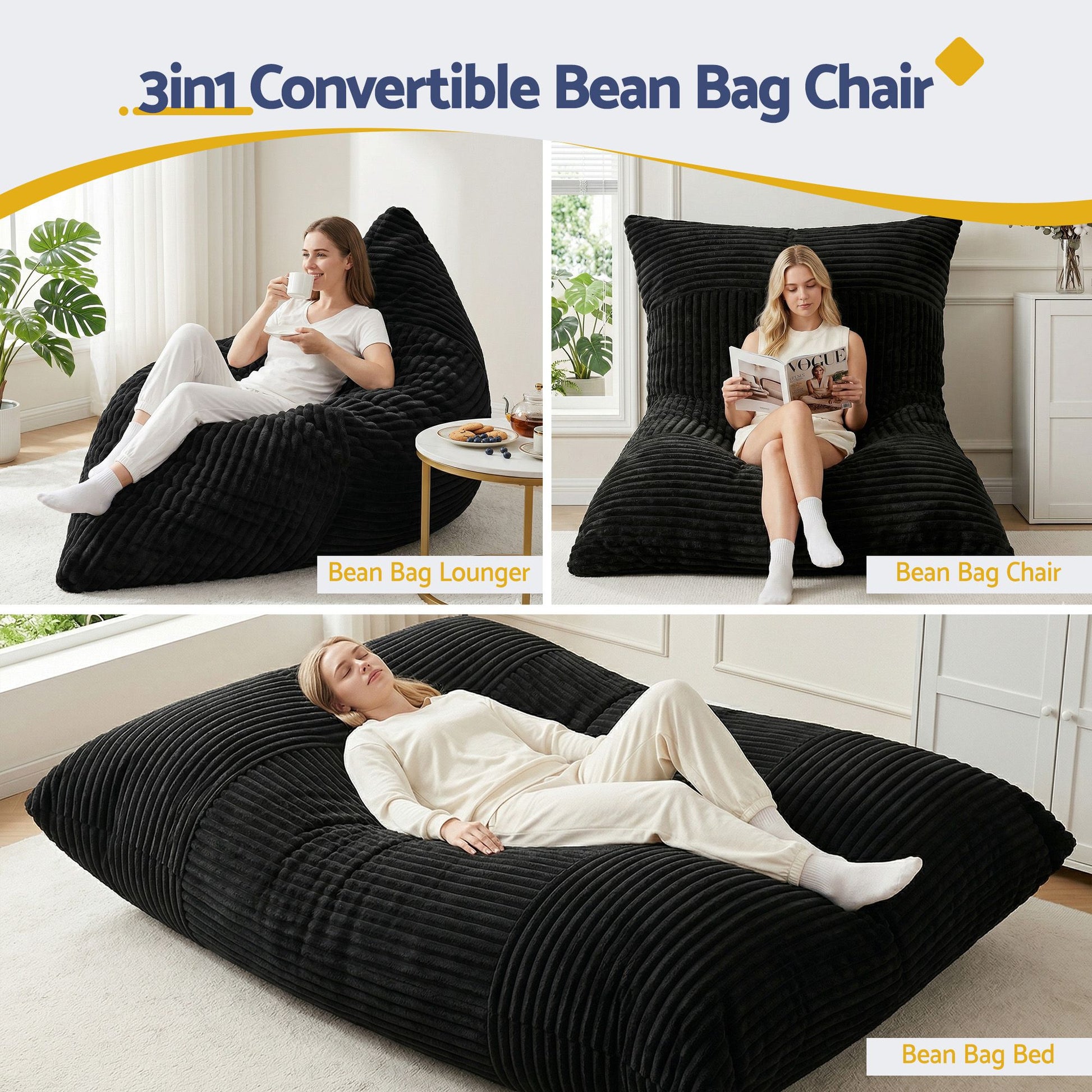 Artiss 3-in-1 Bean Bag Chair for Living Room Convertible Floor Sofa Dark Grey FLOOR-BEAN-3IN1-BK