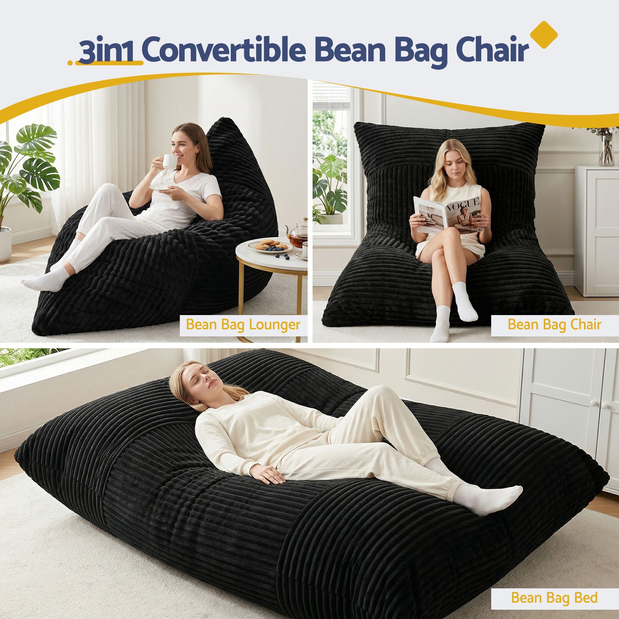Artiss 3-in-1 Bean Bag Chair for Living Room Convertible Floor Sofa Dark Grey FLOOR-BEAN-3IN1-BK