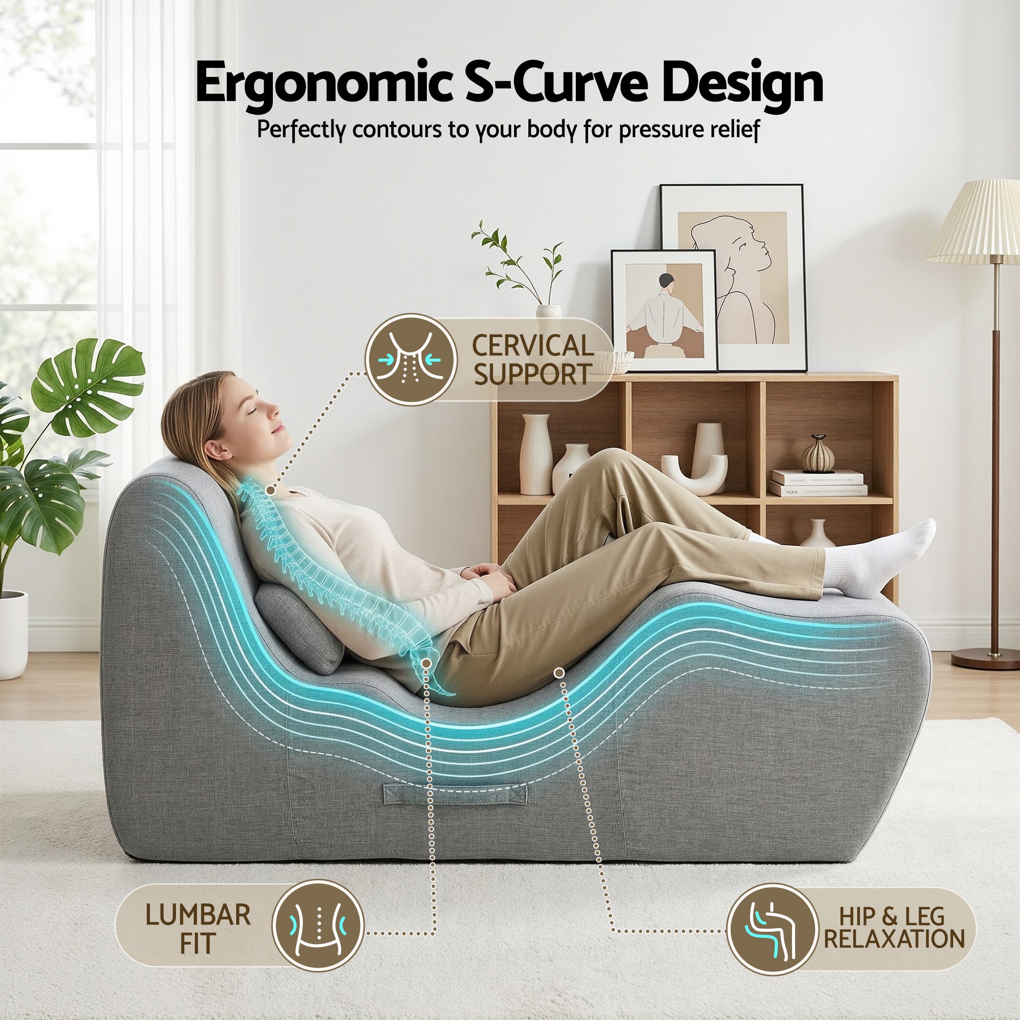 Artiss Chaise Lounge Chair Ergonomic S-Curve Floor Lounger Boneless Lounge Chairs Grey FLOOR-CHAISE-FOAM-DAGY