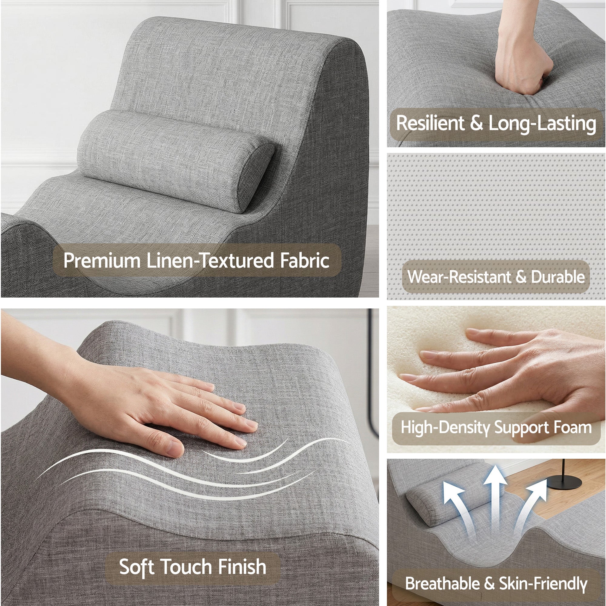 Artiss Chaise Lounge Chair Ergonomic S-Curve Floor Lounger Boneless Lounge Chairs Grey FLOOR-CHAISE-FOAM-DAGY