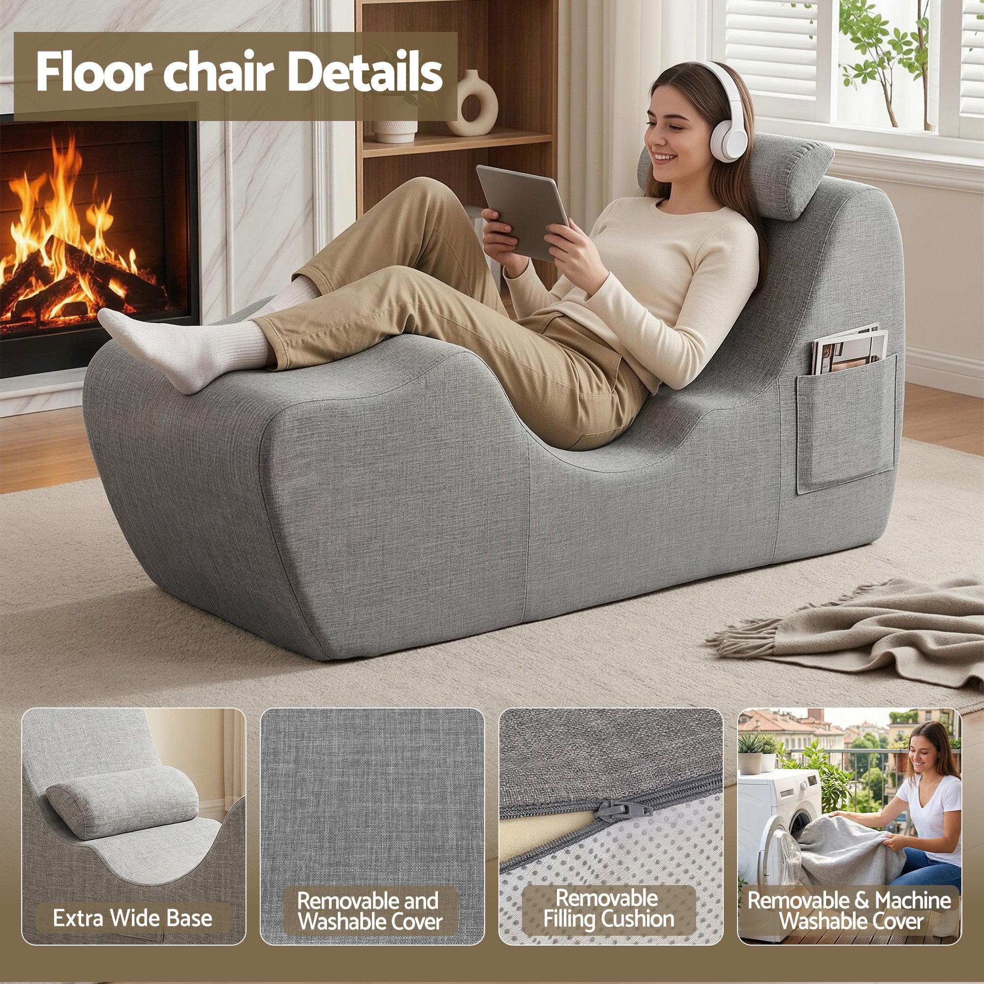 Artiss Chaise Lounge Chair Ergonomic S-Curve Floor Lounger Boneless Lounge Chairs Grey FLOOR-CHAISE-FOAM-DAGY