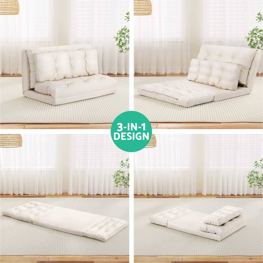Artiss Floor Lounge Sofa Bed 2 Seater Pillow Leather White FLOOR-SBL-02PU-BG