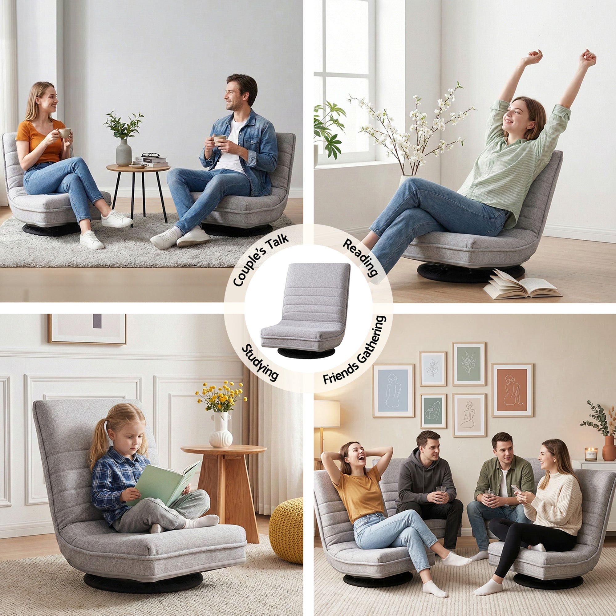 Artiss 2 Swivel Floor Chair 360 Adjustable Foldable Lounge Seat Floor Sofa Chair Grey FLOOR-SBL-03LIN-GYX2