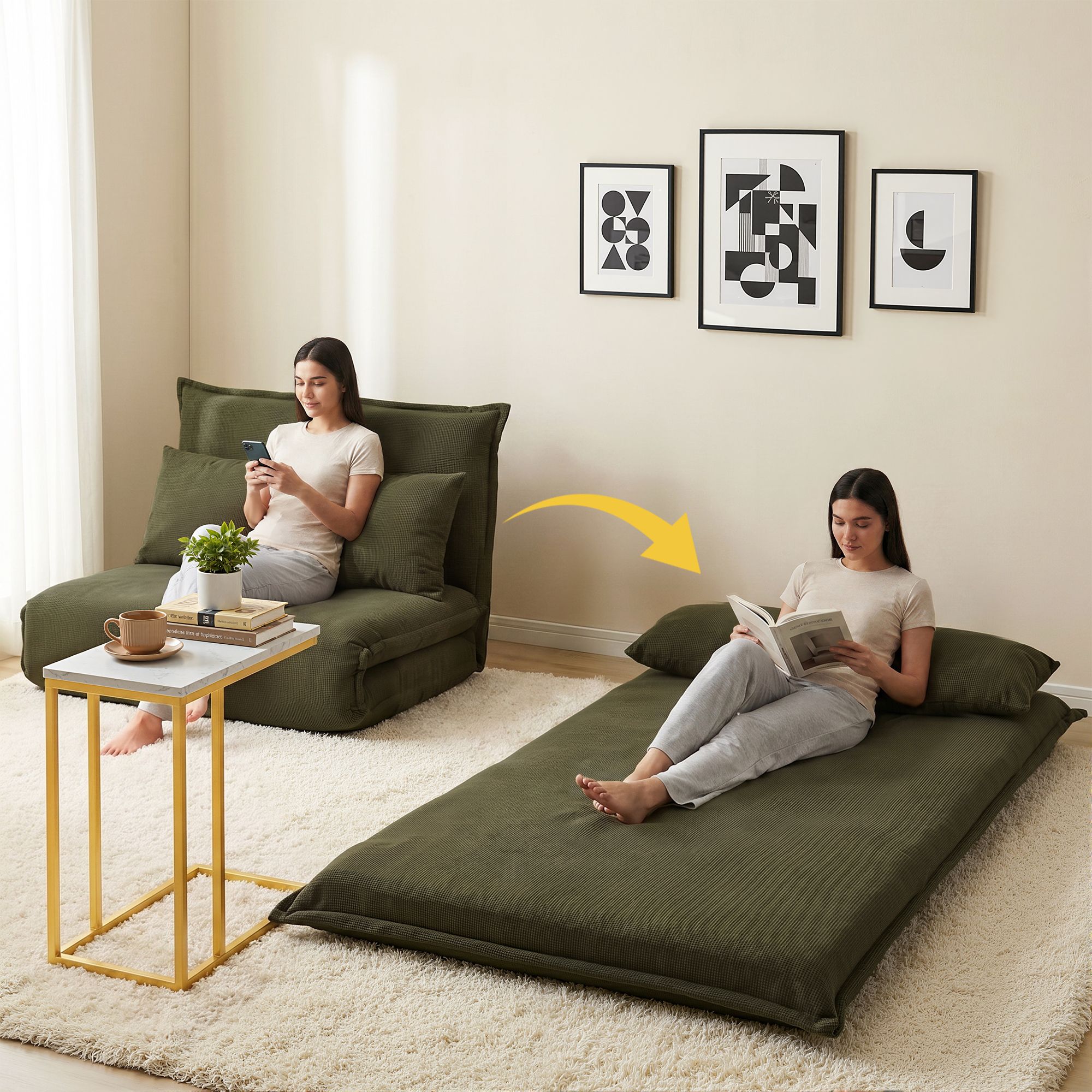 Artiss Floor Lounge Sofa Bed Folding Chaise Chair Green & Coffee Table Side Table Marble Effect FLOOR-SBL-04VEL-COF-MB