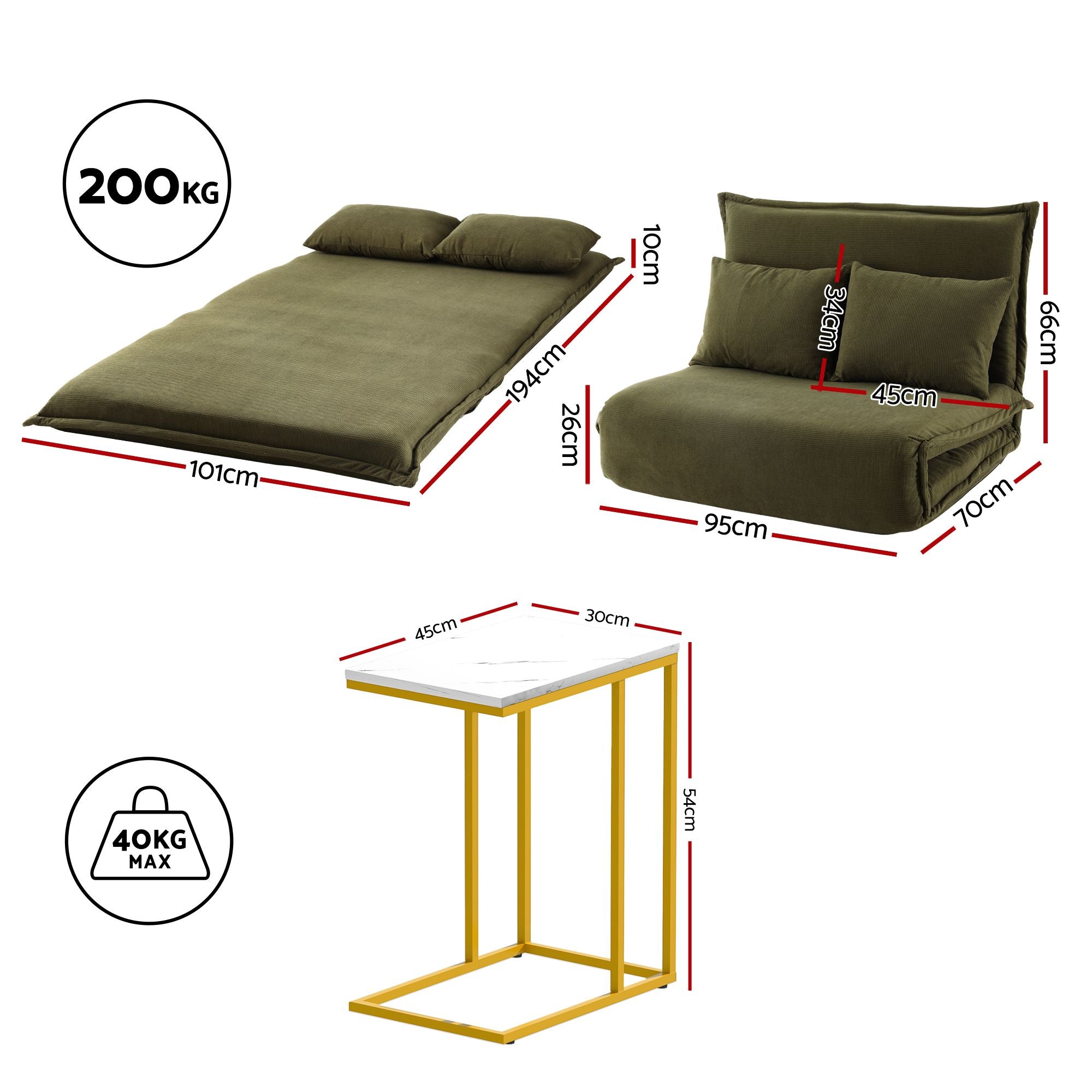 Artiss Floor Lounge Sofa Bed Folding Chaise Chair Green & Coffee Table Side Table Marble Effect FLOOR-SBL-04VEL-COF-MB