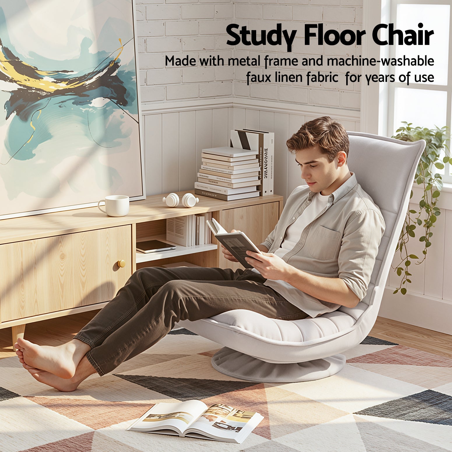 Artiss Swivel Floor Chair 5 Adjustable Foldable Lounge Seat Floor Sofa Chair Beige Grey FLOOR-SBL-0609A-BG