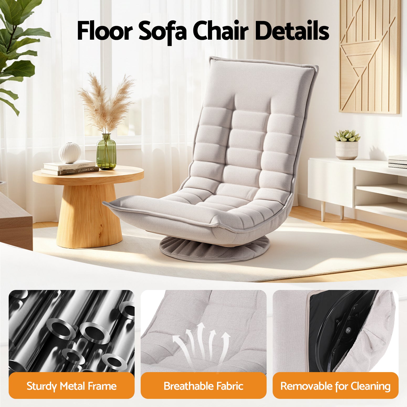 Artiss Swivel Floor Chair 5 Adjustable Foldable Lounge Seat Floor Sofa Chair Beige Grey FLOOR-SBL-0609A-BG