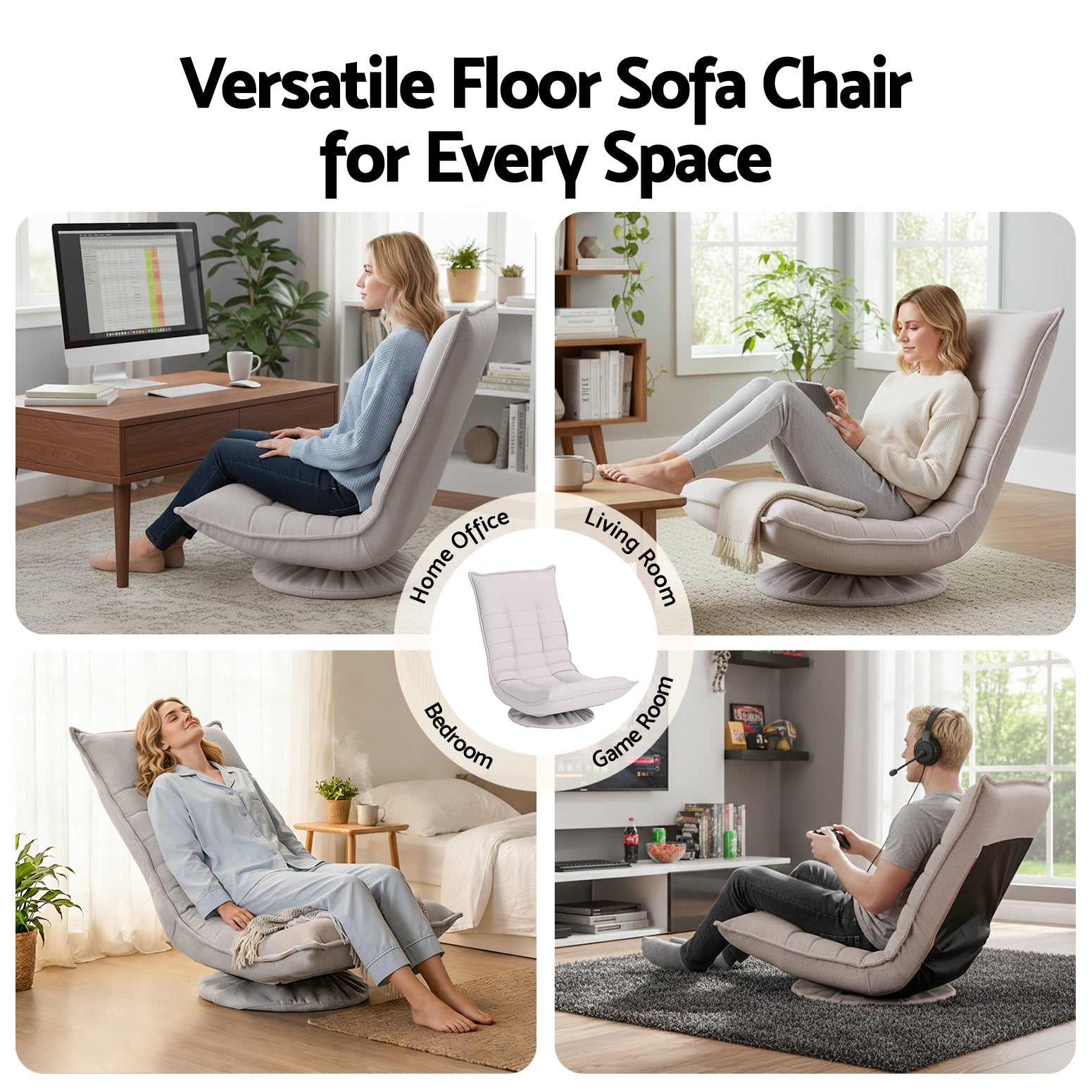 Artiss Swivel Floor Chair 5 Adjustable Foldable Lounge Seat Floor Sofa Chair Beige Grey FLOOR-SBL-0609A-BG