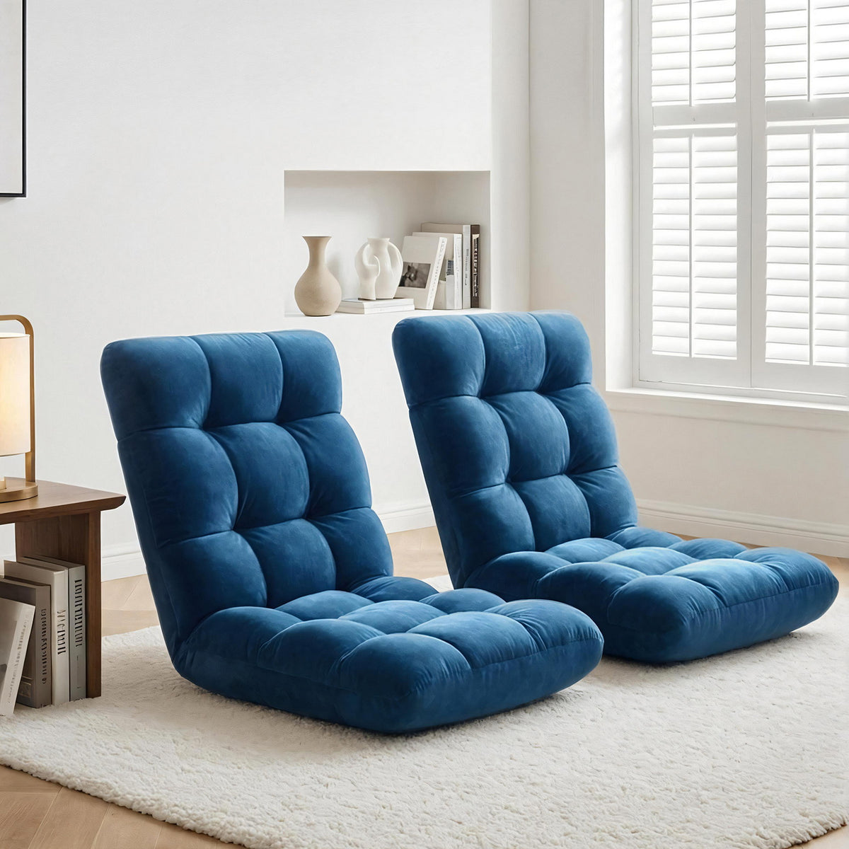 Artiss 2PCS Floor Lounge Sofa Bed Flannel Fabric Navy