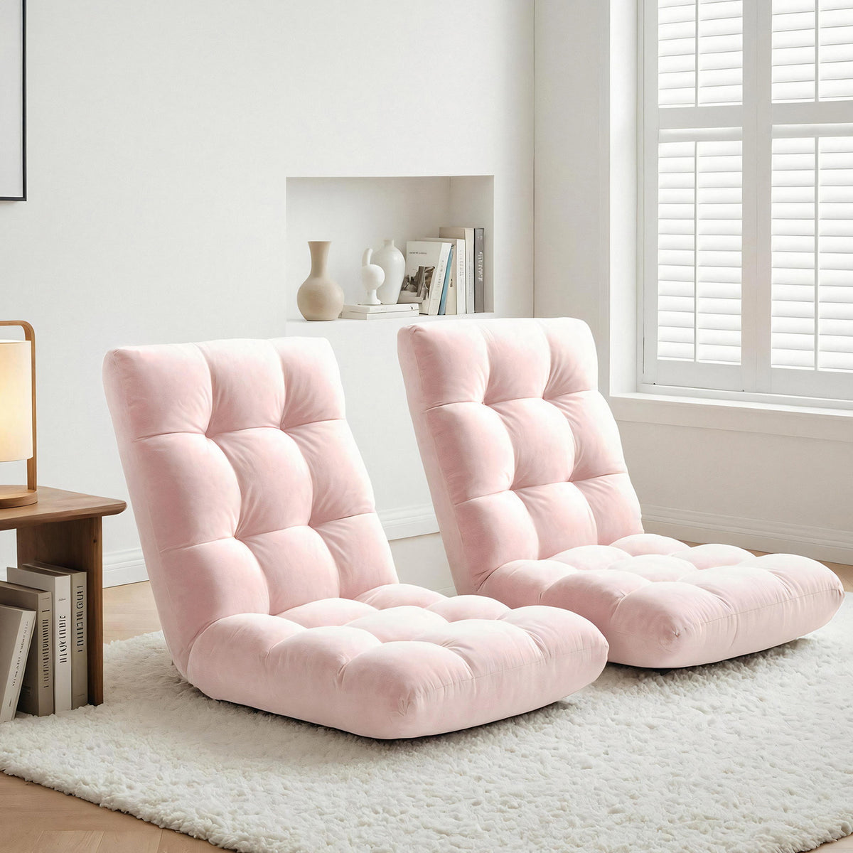 Artiss 2PCS Floor Lounge Sofa Bed Flannel Fabric Pink