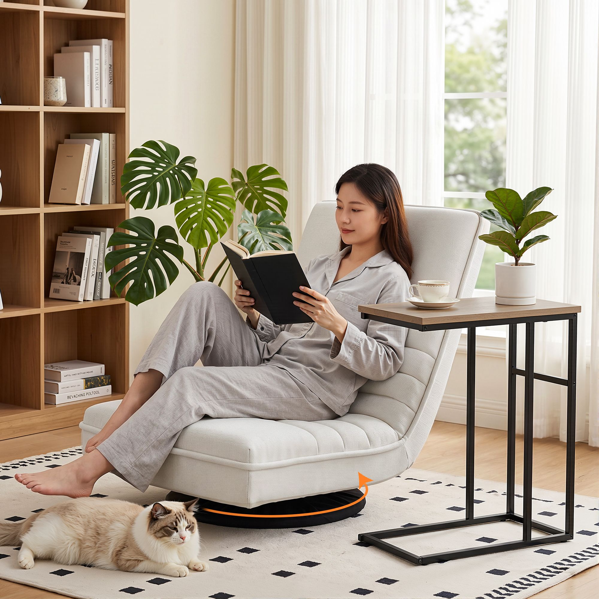 Artiss Floor Lounge & Coffee Table Set, Swviel Foldable Linen Sofa Chair White, C-Shaped Side Table Walnut FLOOR-SET-03LIN-COF03