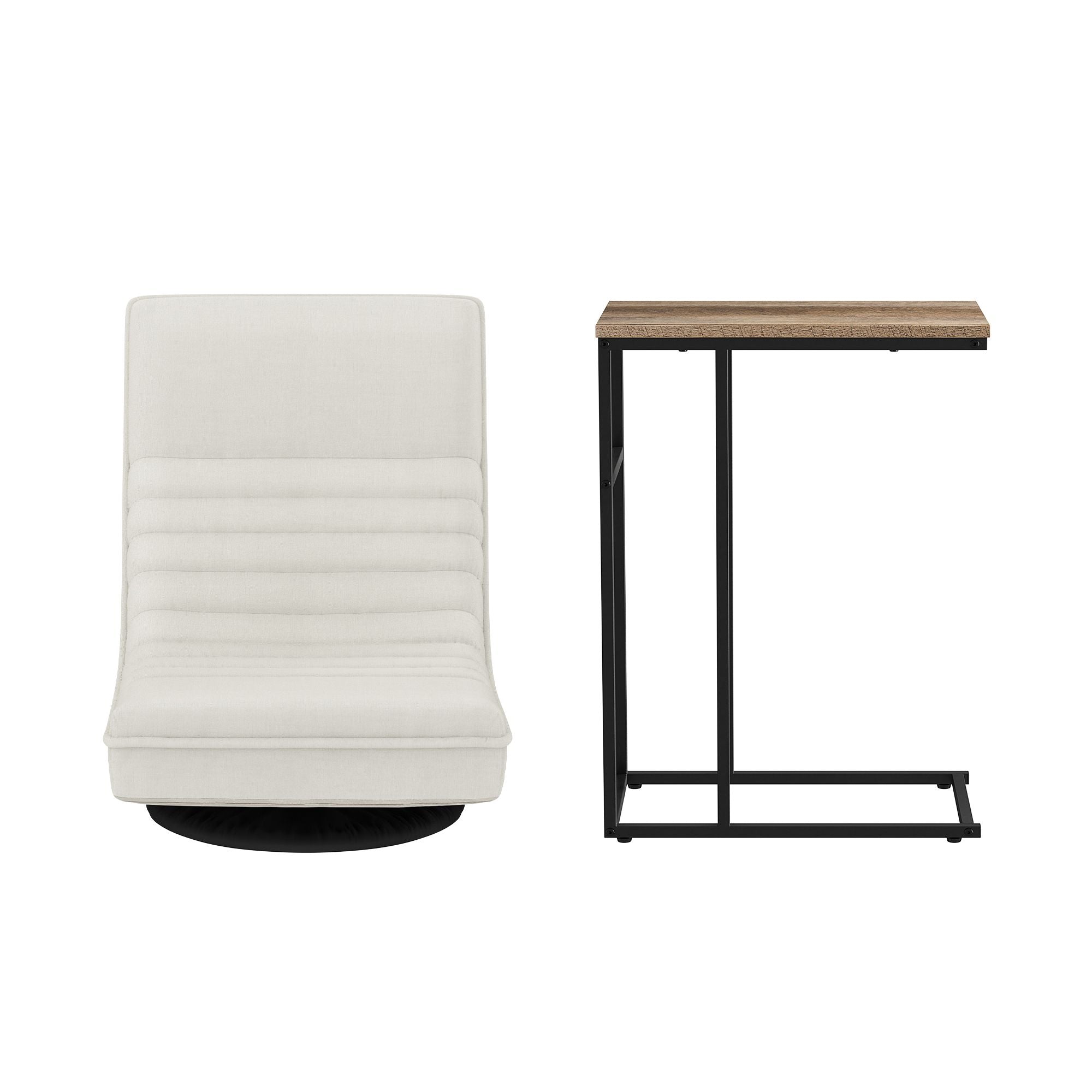 Artiss Floor Lounge & Coffee Table Set, Swviel Foldable Linen Sofa Chair White, C-Shaped Side Table Walnut FLOOR-SET-03LIN-COF03