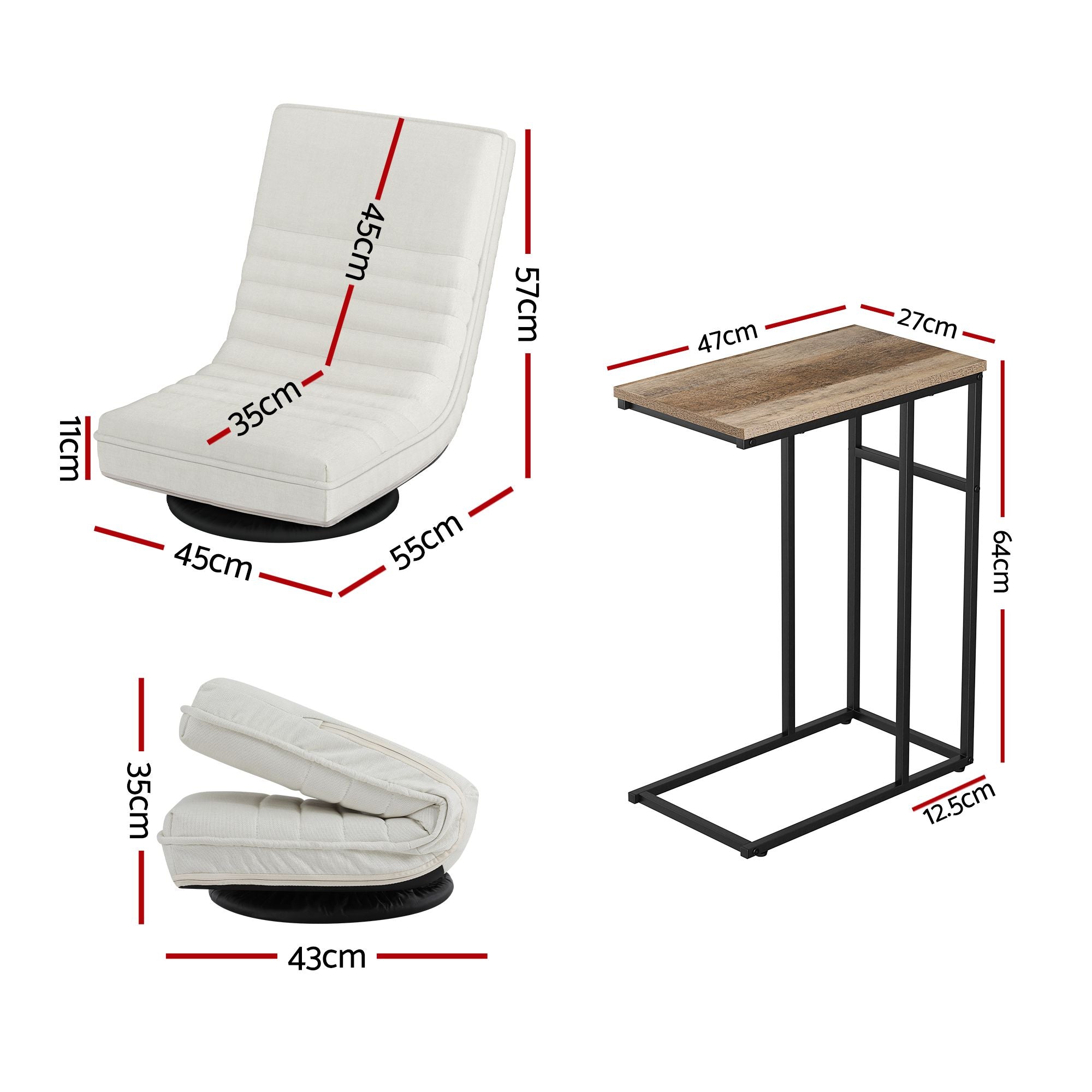 Artiss Floor Lounge & Coffee Table Set, Swviel Foldable Linen Sofa Chair White, C-Shaped Side Table Walnut FLOOR-SET-03LIN-COF03