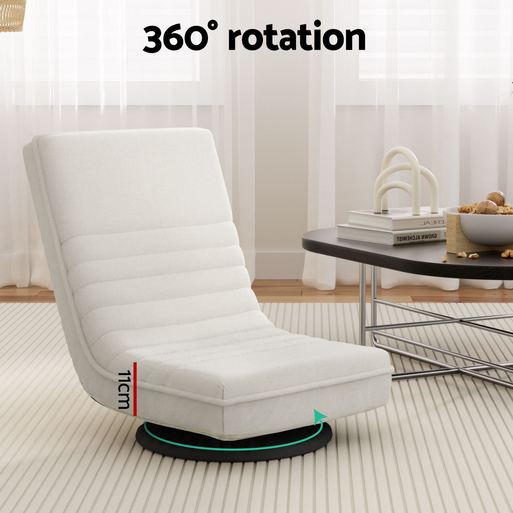 Artiss Floor Lounge & Coffee Table Set, Swviel Foldable Linen Sofa Chair White, C-Shaped Side Table Walnut FLOOR-SET-03LIN-COF03
