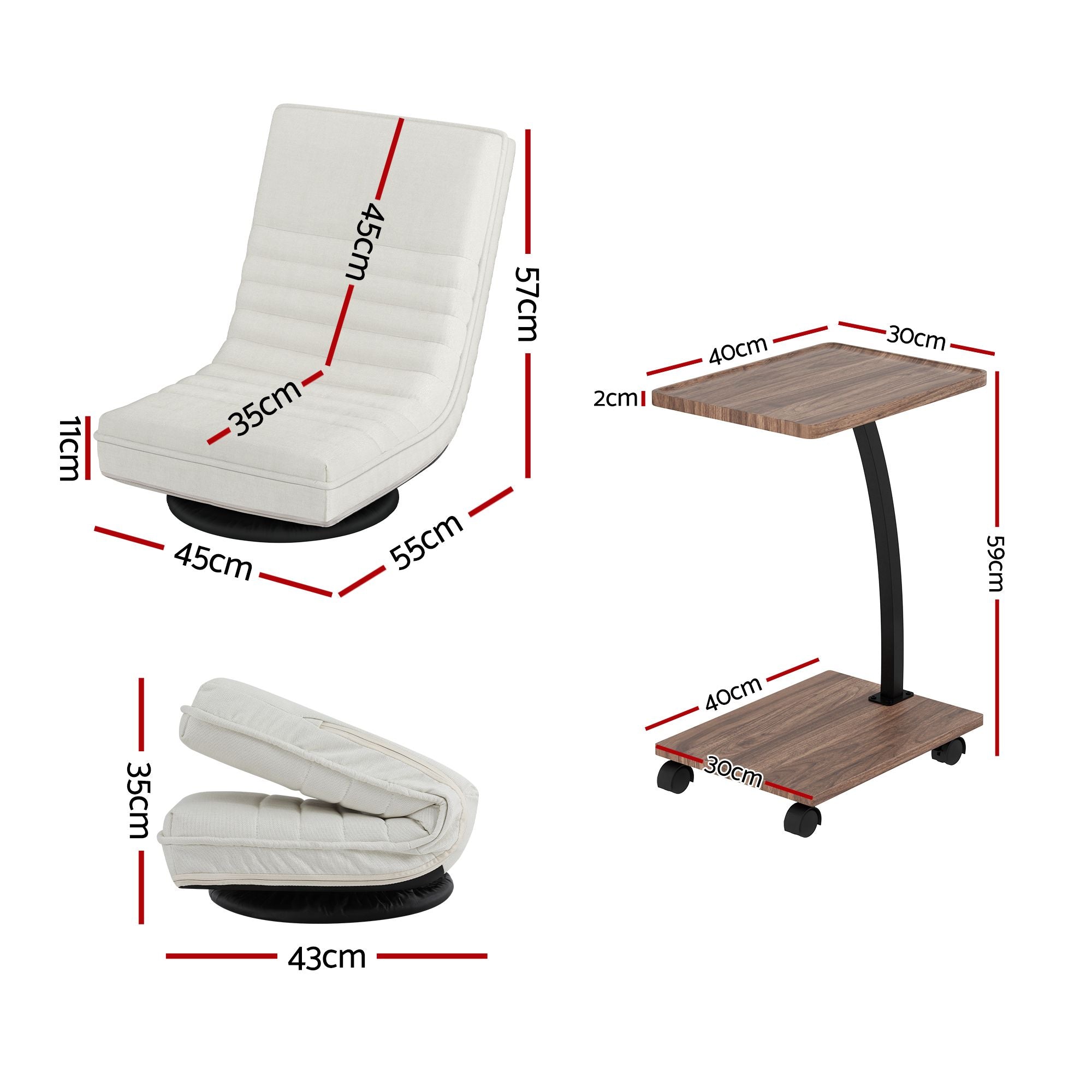 Artiss Floor Lounge 360 degrees Swivel Foldable Sofa Chair and Side Table with Castors Set FLOOR-SET-03LIN-COF07