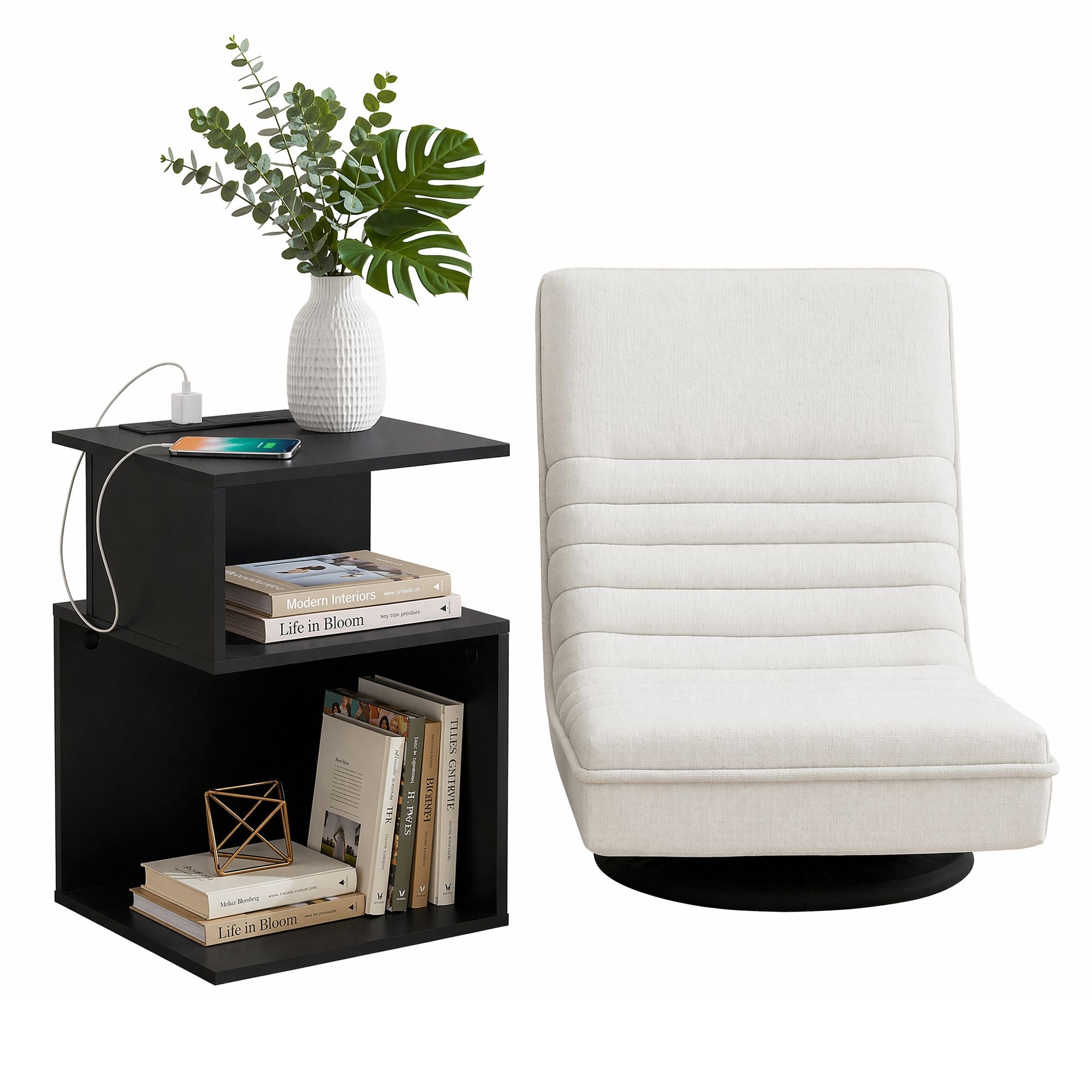 Artiss Swivel Floor Chair and Bedside Table with Charging Station Set FLOOR-SET-03LIN-S-BS
