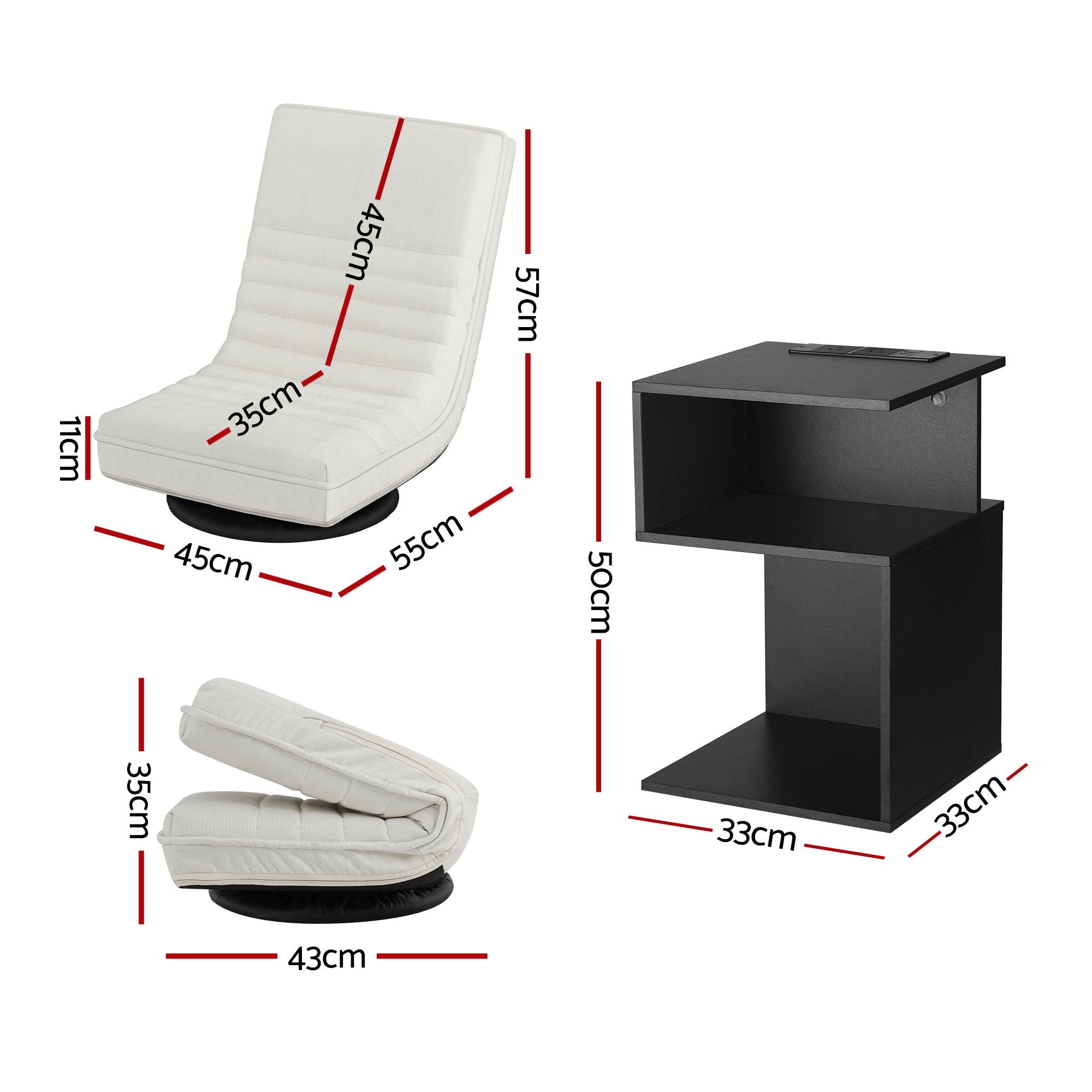 Artiss Swivel Floor Chair and Bedside Table with Charging Station Set FLOOR-SET-03LIN-S-BS