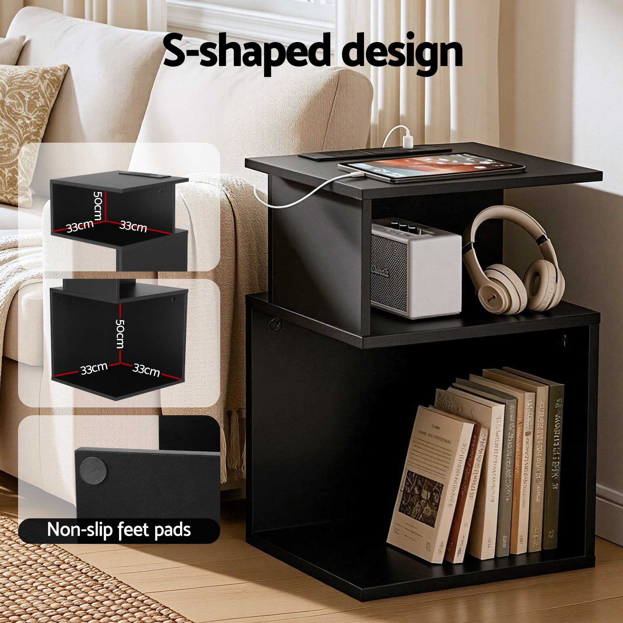 Artiss Swivel Floor Chair and Bedside Table with Charging Station Set FLOOR-SET-03LIN-S-BS