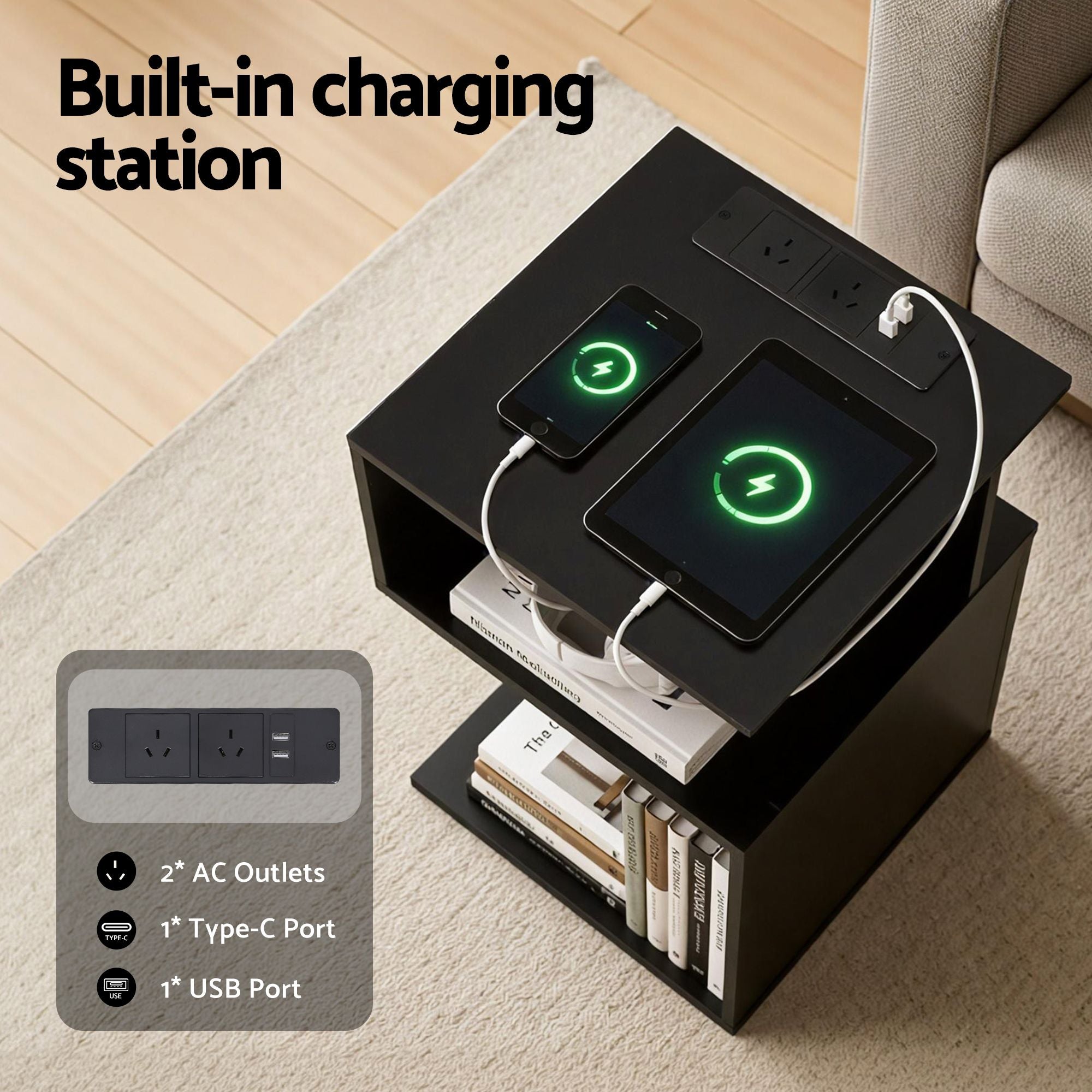 Artiss Swivel Floor Chair and Bedside Table with Charging Station Set FLOOR-SET-03LIN-S-BS