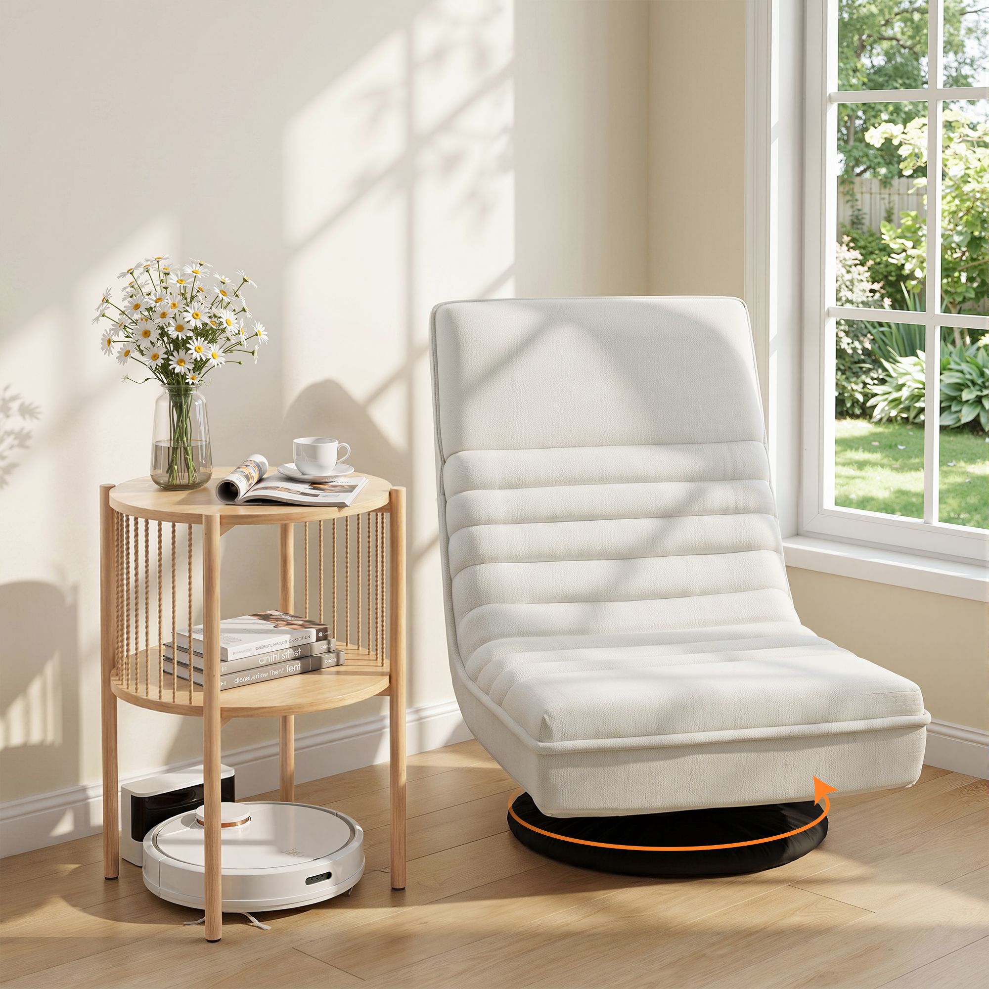 Artiss Floor Lounge Folding Swivel Sofa Chair and 2 Tier Round End Side Table Set FLOOR-SET-03LIN-Z-COF