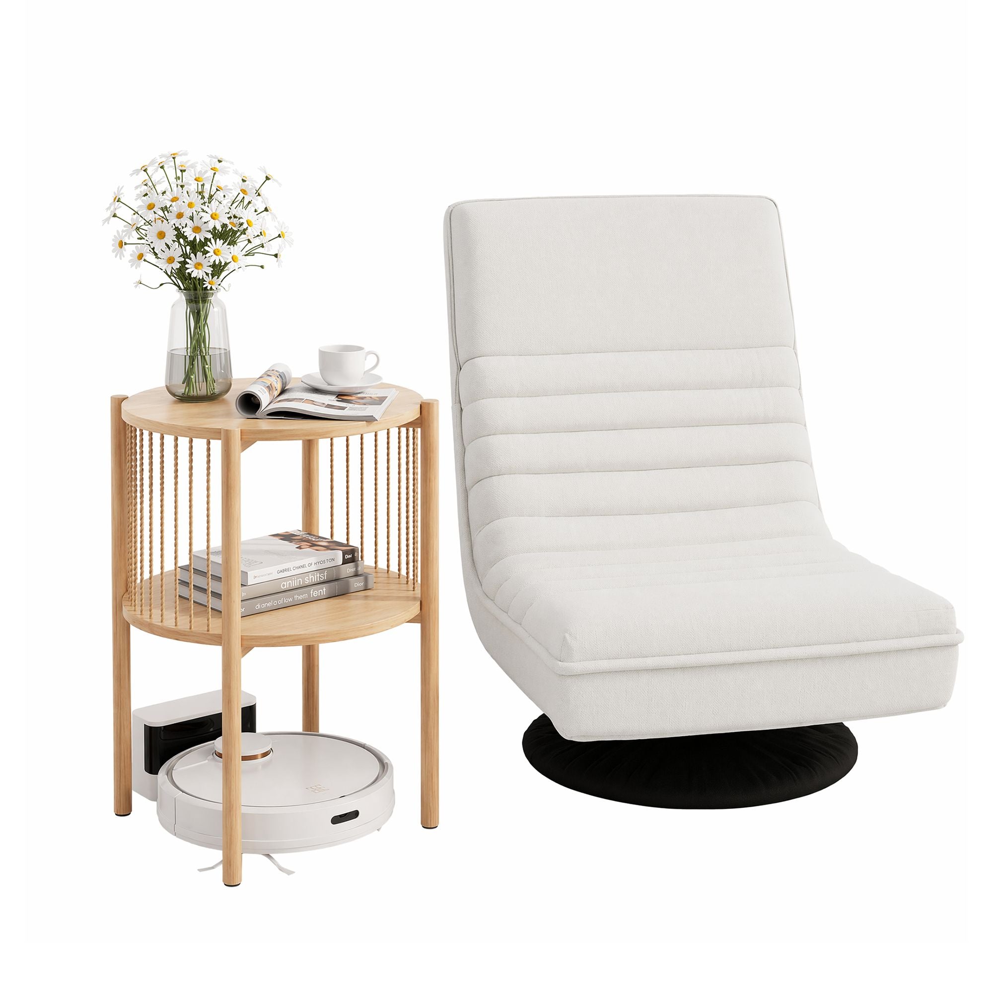 Artiss Floor Lounge Folding Swivel Sofa Chair and 2 Tier Round End Side Table Set FLOOR-SET-03LIN-Z-COF