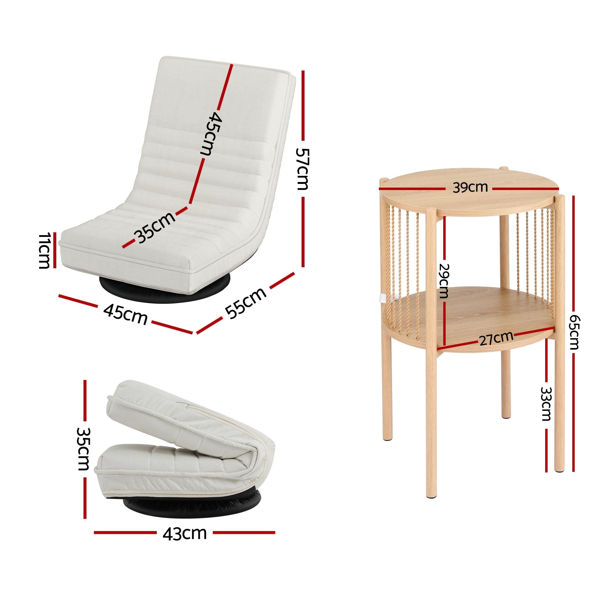 Artiss Floor Lounge Folding Swivel Sofa Chair and 2 Tier Round End Side Table Set FLOOR-SET-03LIN-Z-COF