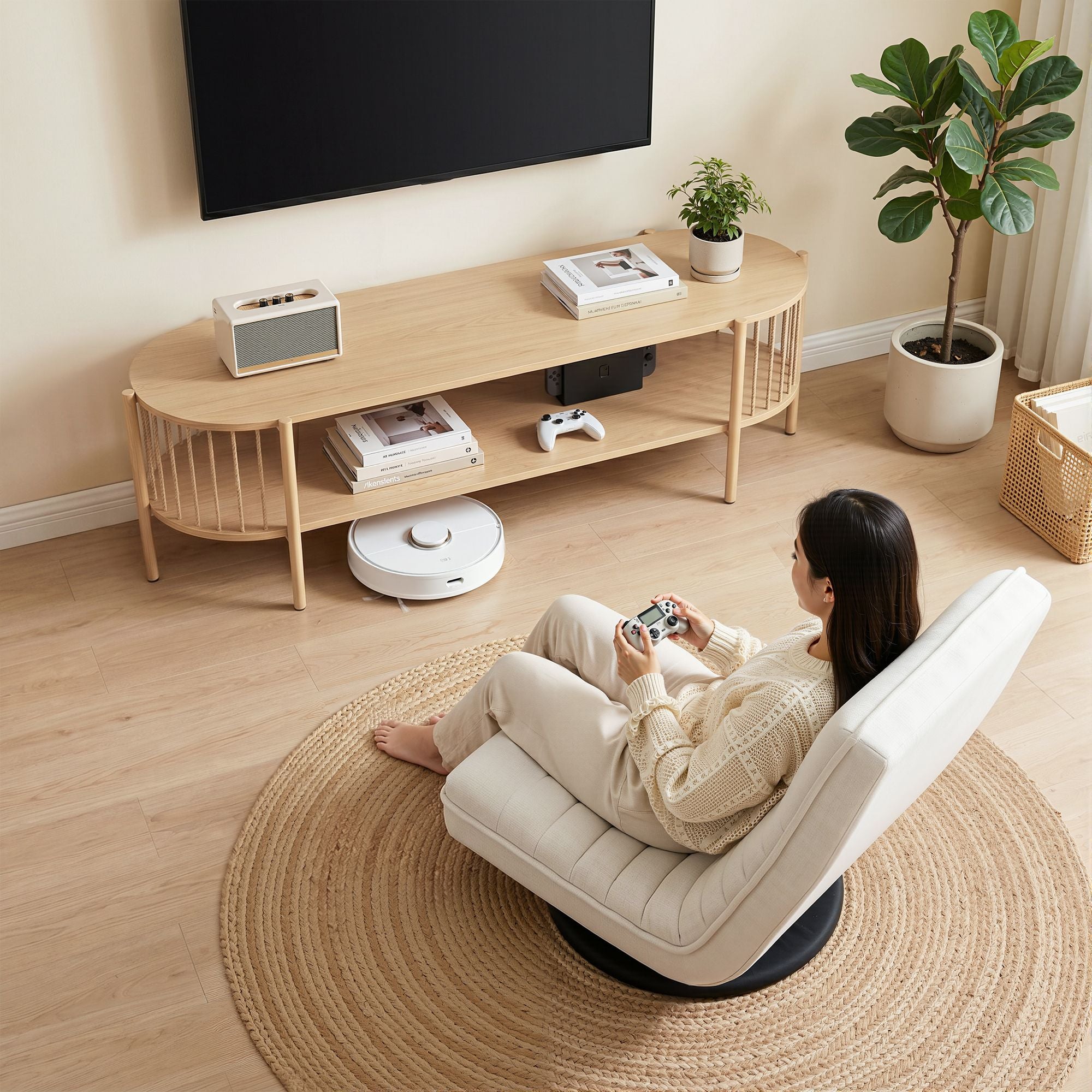 Artiss Swivel Floor Chair & TV Entertainment Unit with Storage Shelf Set FLOOR-SET-03LIN-Z-TV144