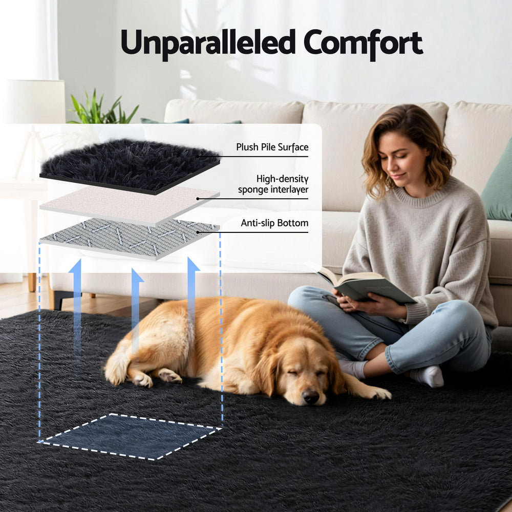 Artiss Floor Rug 200x290cm Plush Area Shaggy Rug Living Room Bedroom Carpet Black FLR-FLU01-200X290-BK