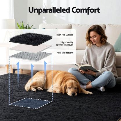 Artiss Floor Rug 200x290cm Plush Area Shaggy Rug Living Room Bedroom Carpet Black FLR-FLU01-200X290-BK