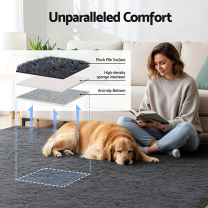 Artiss Floor Rug 200x290cm Plush Area Shaggy Rug Living Room Bedroom Carpet Grey FLR-FLU01-200X290-GY