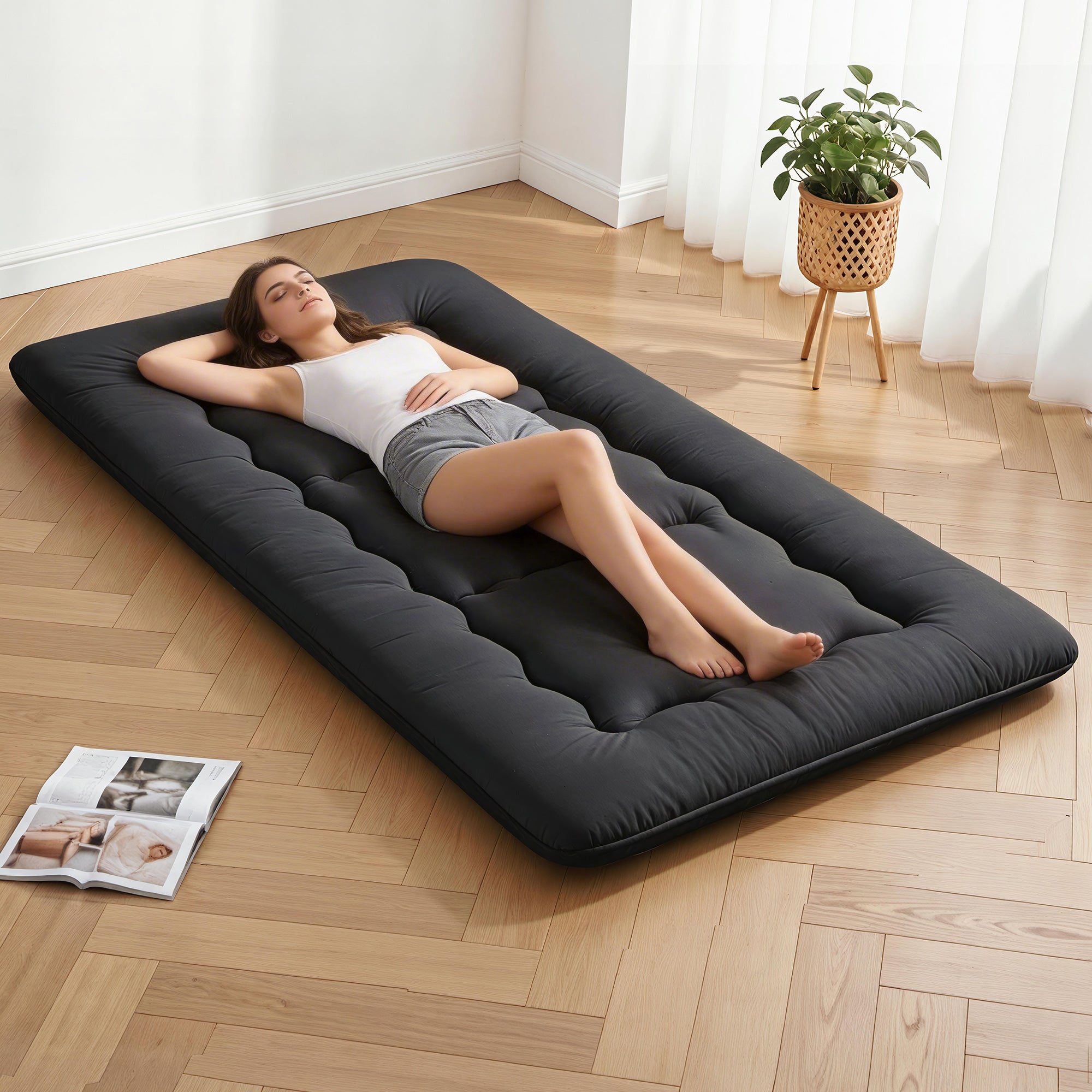Giselle Bedding 10cm Japanese Floor Mattress Foldable Futon Mattress Washable Cover Straps FM-FUTON-100-10-BK